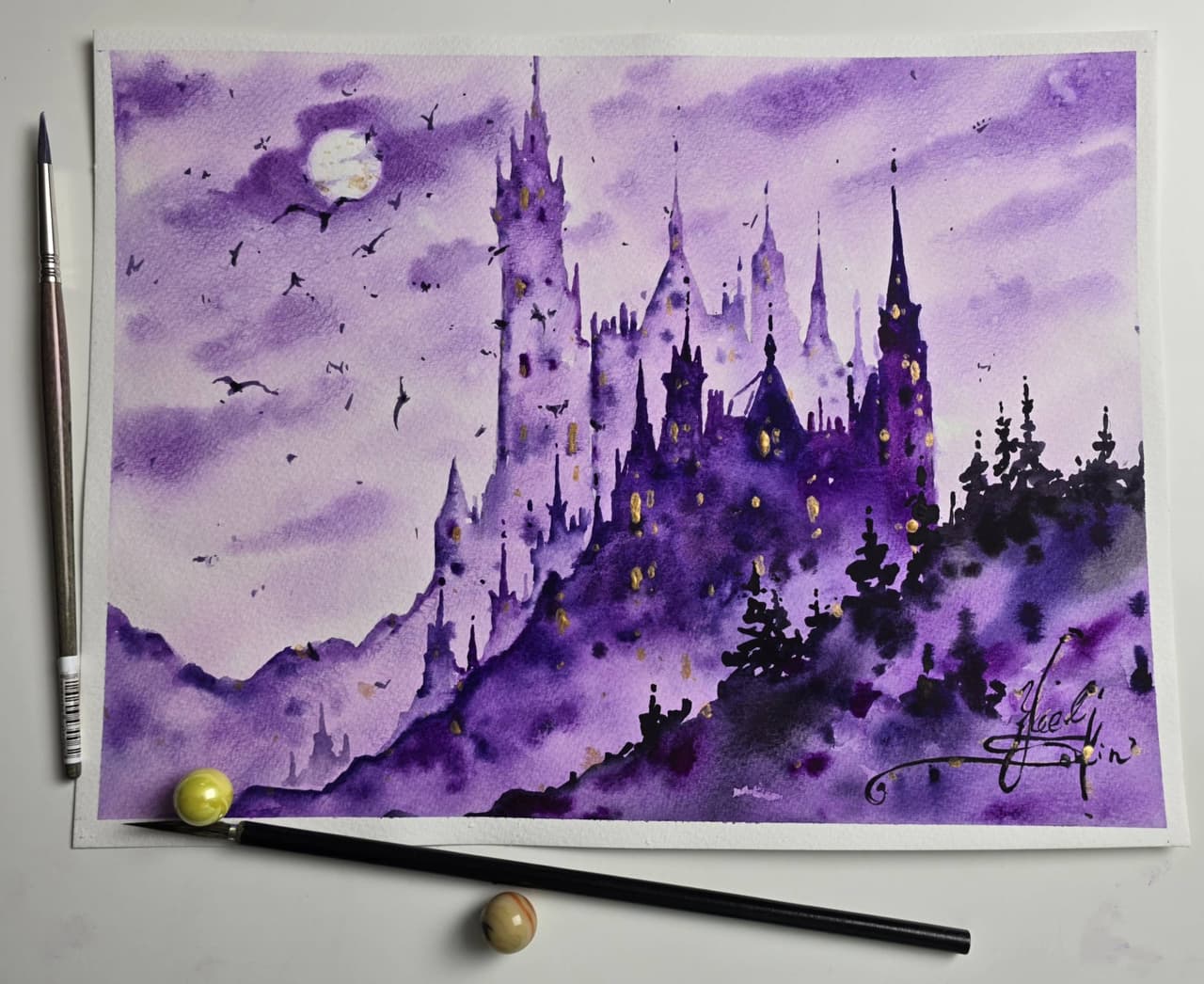Original Watercolor Gothic Castle Painting - Purple Fantasy Wall Art — image 2