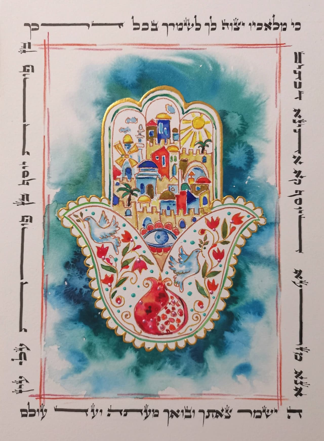 Hamsa Hand Painting Original Mix Media Jewish Artwork Jerusalem Painting  — image 1