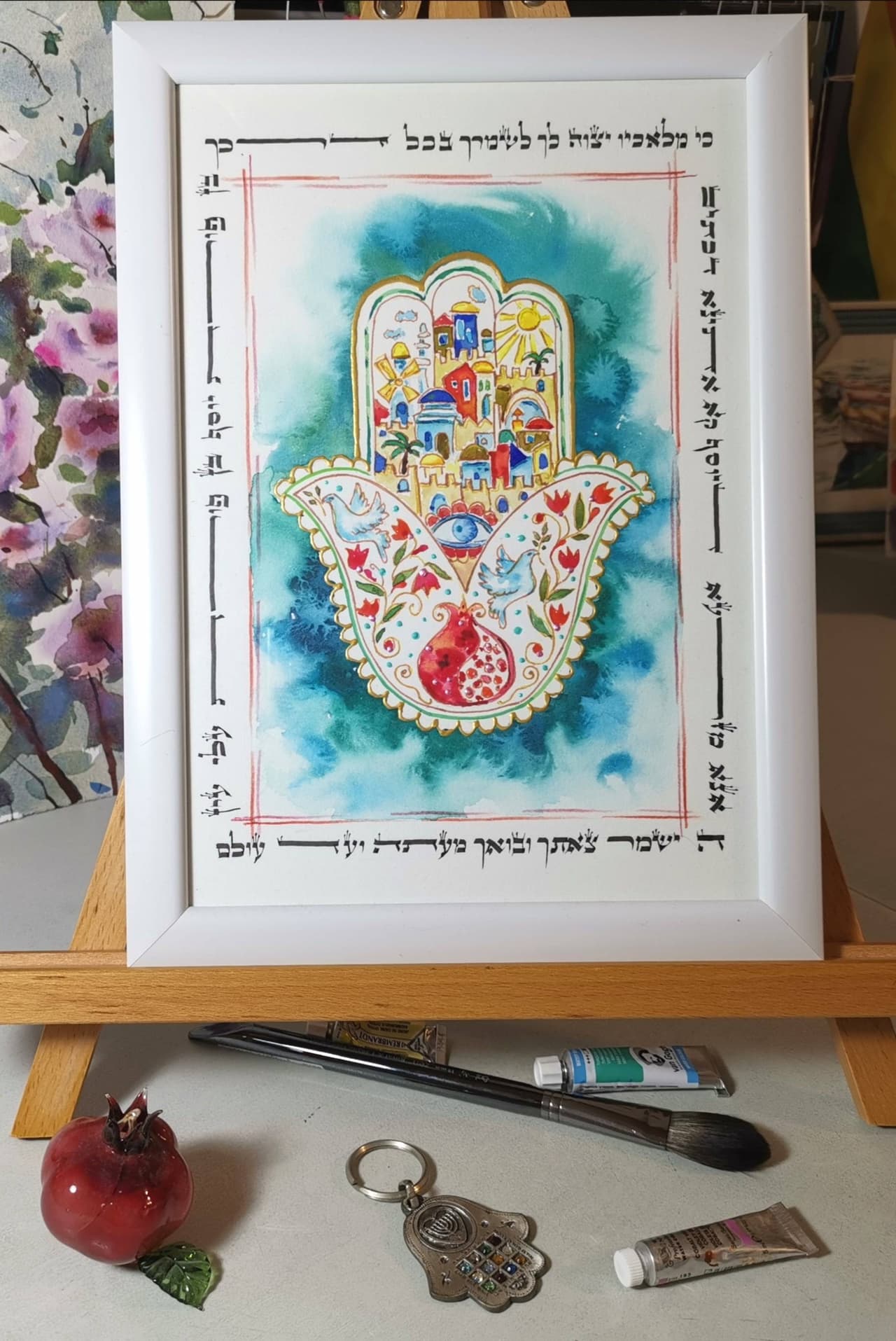 Hamsa Hand Painting Original Mix Media Jewish Artwork Jerusalem Painting  — image 2