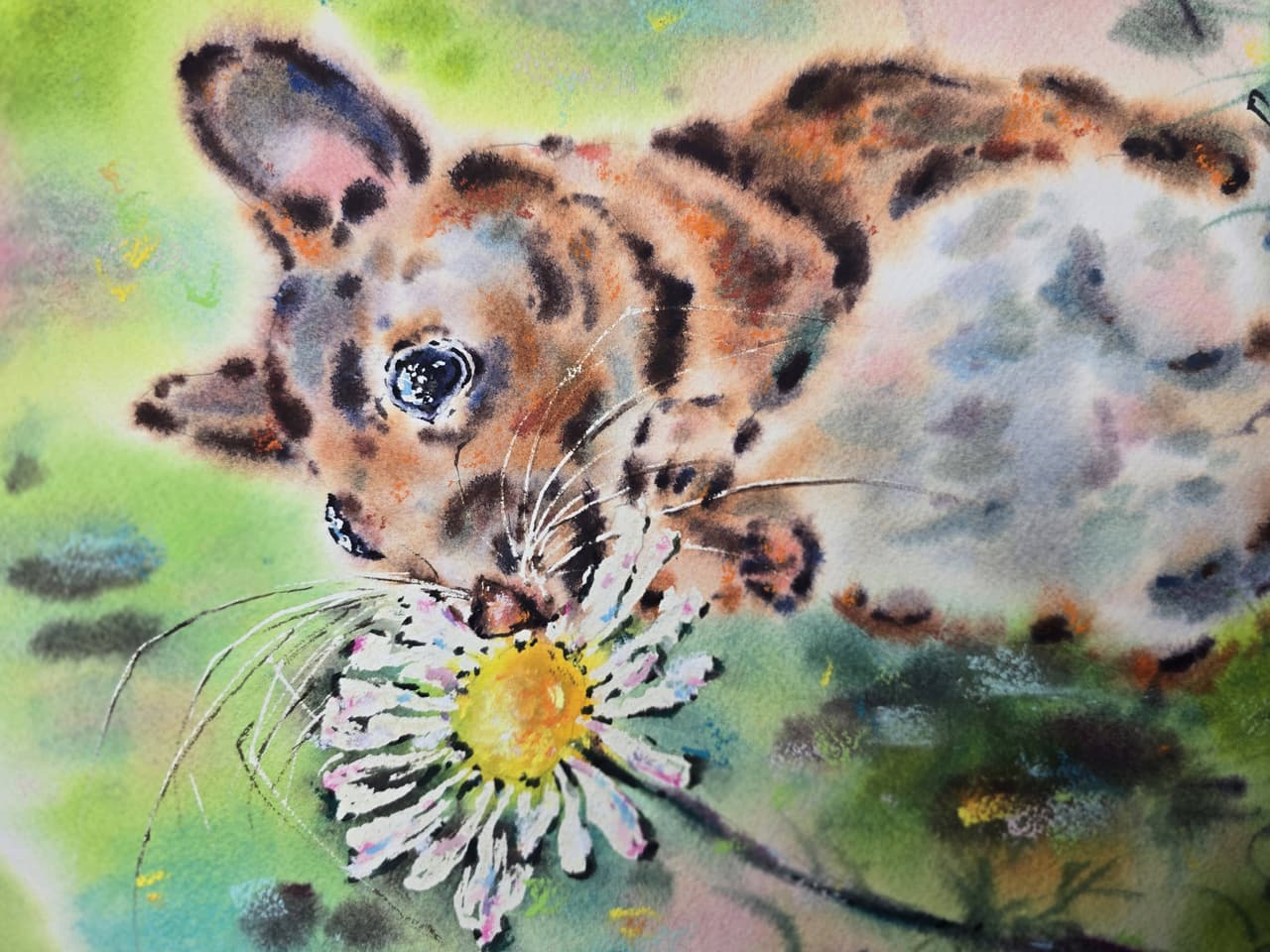  Hamster Watercolor Painting, Original Cute Animal Wall Art with Daisy Flower — image 3
