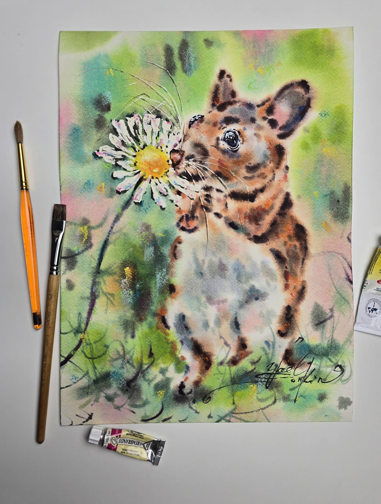  Hamster Watercolor Painting, Original Cute Animal Wall Art with Daisy Flower — image 2