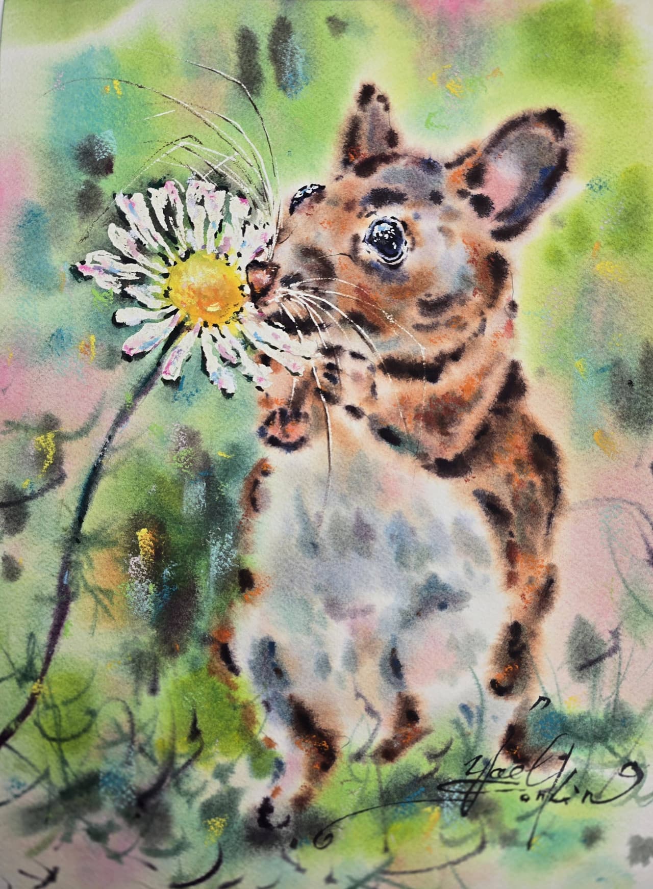  Hamster Watercolor Painting, Original Cute Animal Wall Art with Daisy Flower — image 1