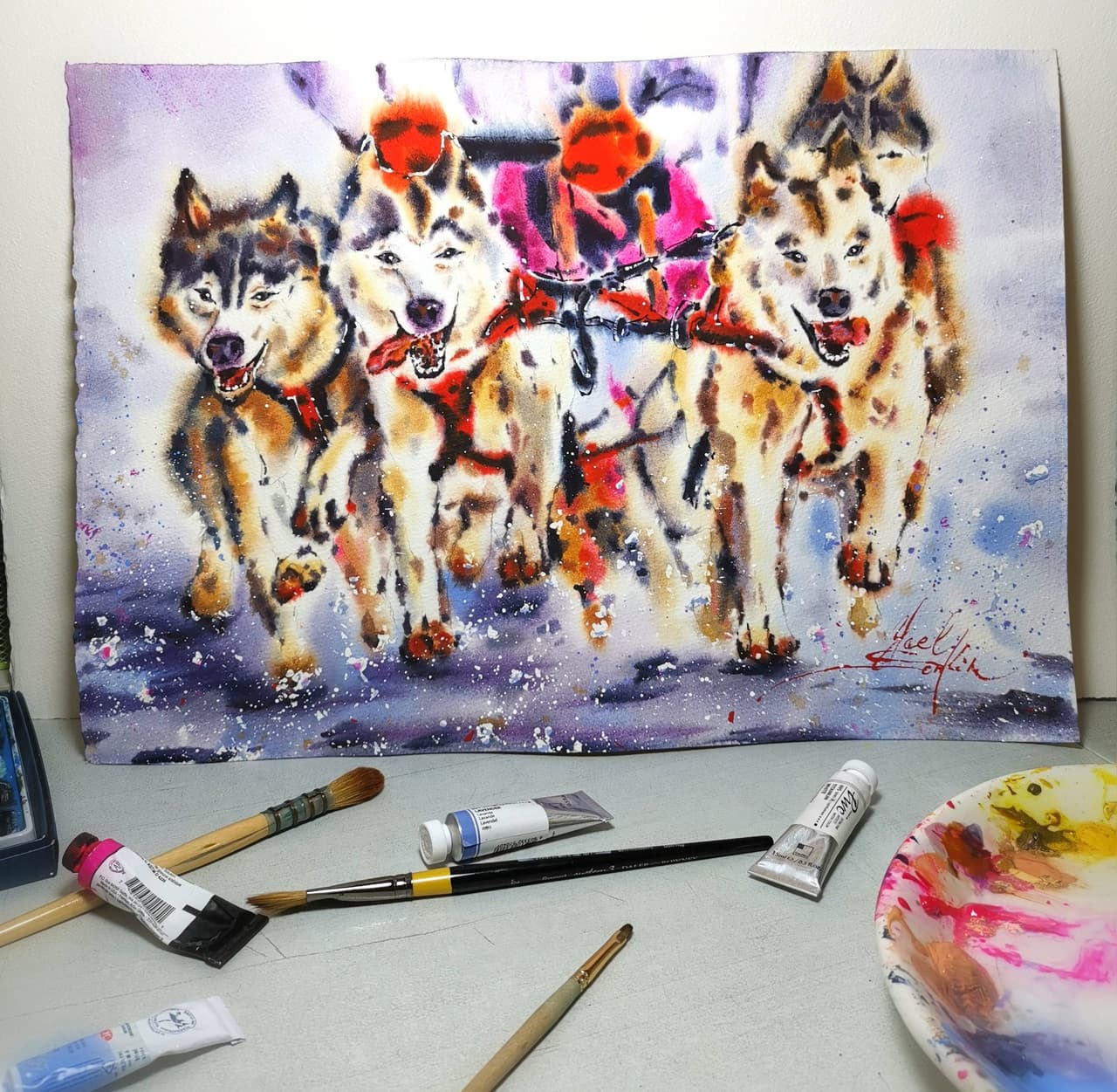 Original Watercolor Husky Dogs Painting - Alaska Sled Team Wall Art — image 1