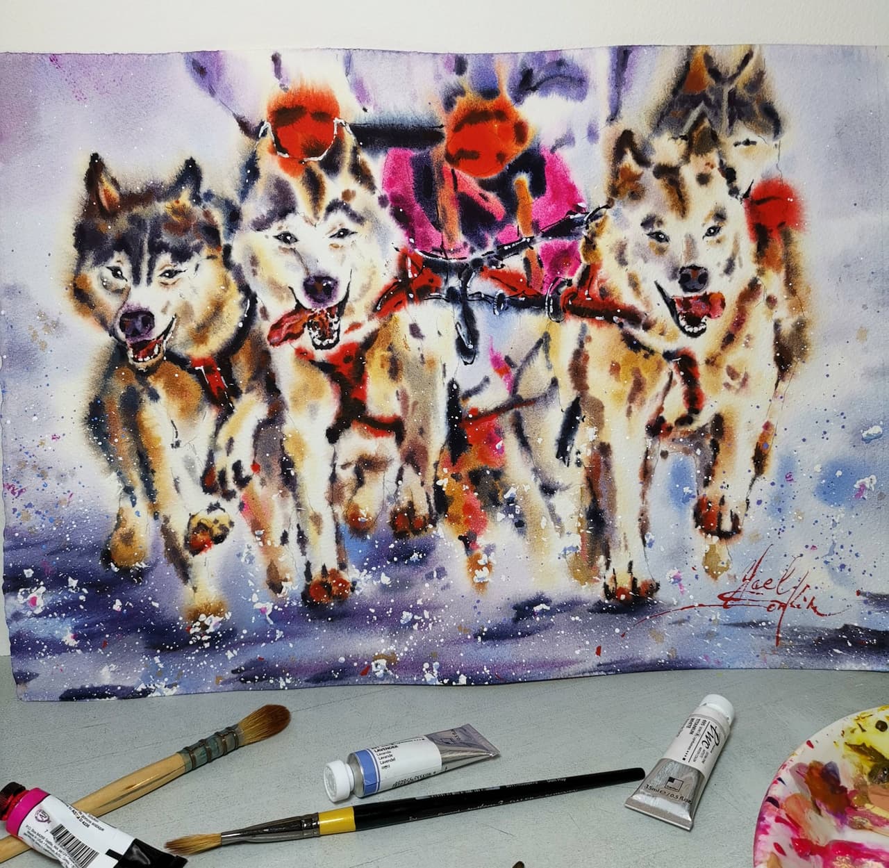 Original Watercolor Husky Dogs Painting - Alaska Sled Team Wall Art — image 2