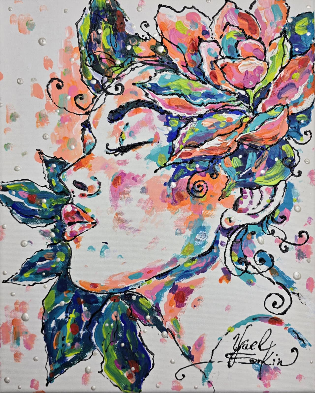 Floral Woman Acrylic Painting, Original Colorful Portrait Wall Art on Canvas — image 1