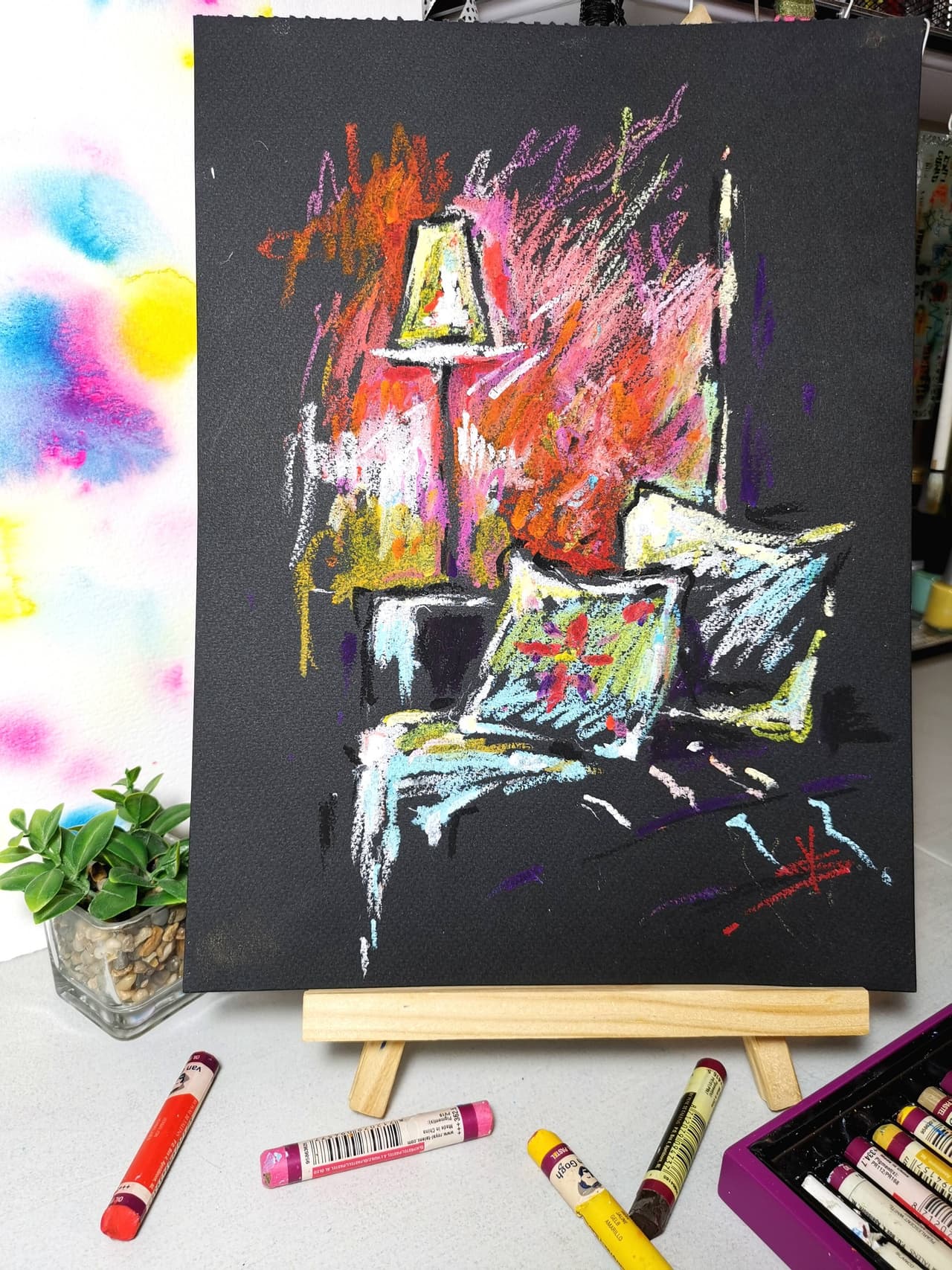 Interior Scene Artwork Original Oil Pastel Interior Painting Fashion Art  — image 2