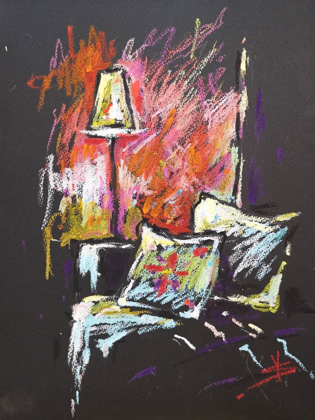 Interior Scene Artwork Original Oil Pastel Interior Painting Fashion Art  — image 1
