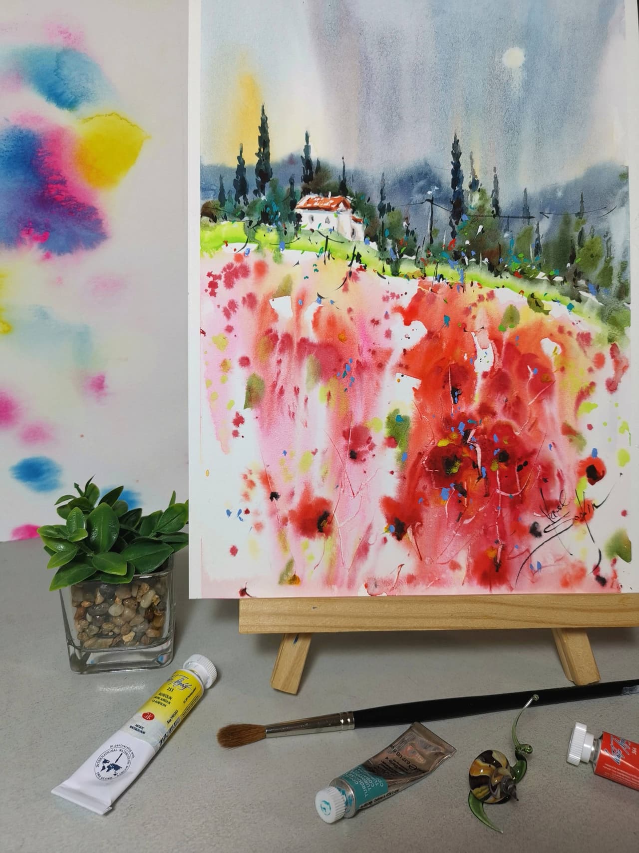 Tuscany Painting Original Watercolor Poppy Field Artwork — image 2