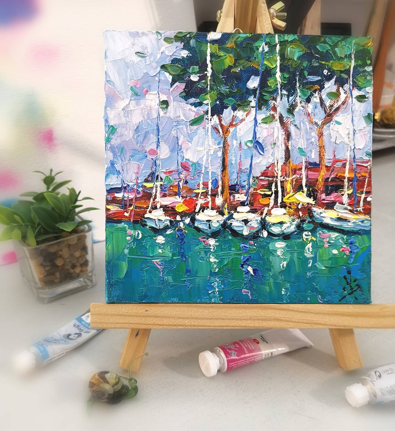 Italy Oil Artwork Original Impasto Oil Painting Seaside Artwork Sailboat Painting — image 1