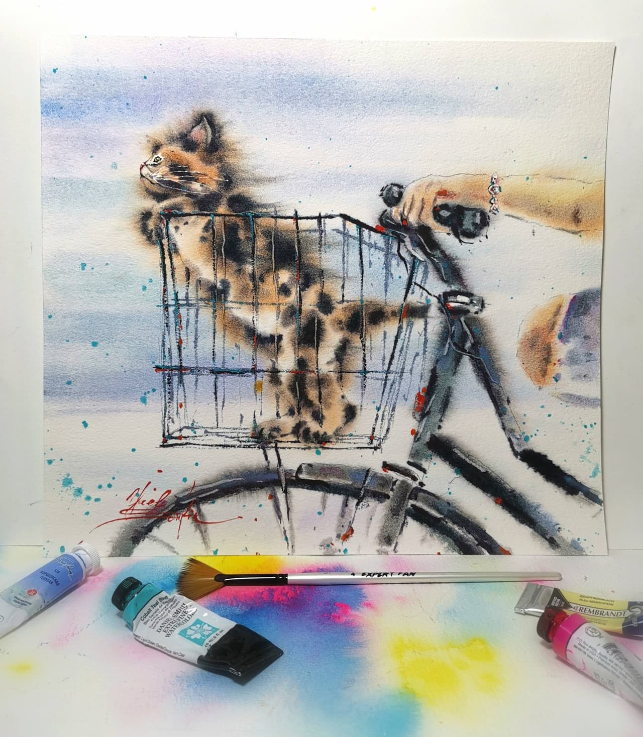 Kitten painting Original watercolor painting Bike painting  — image 2