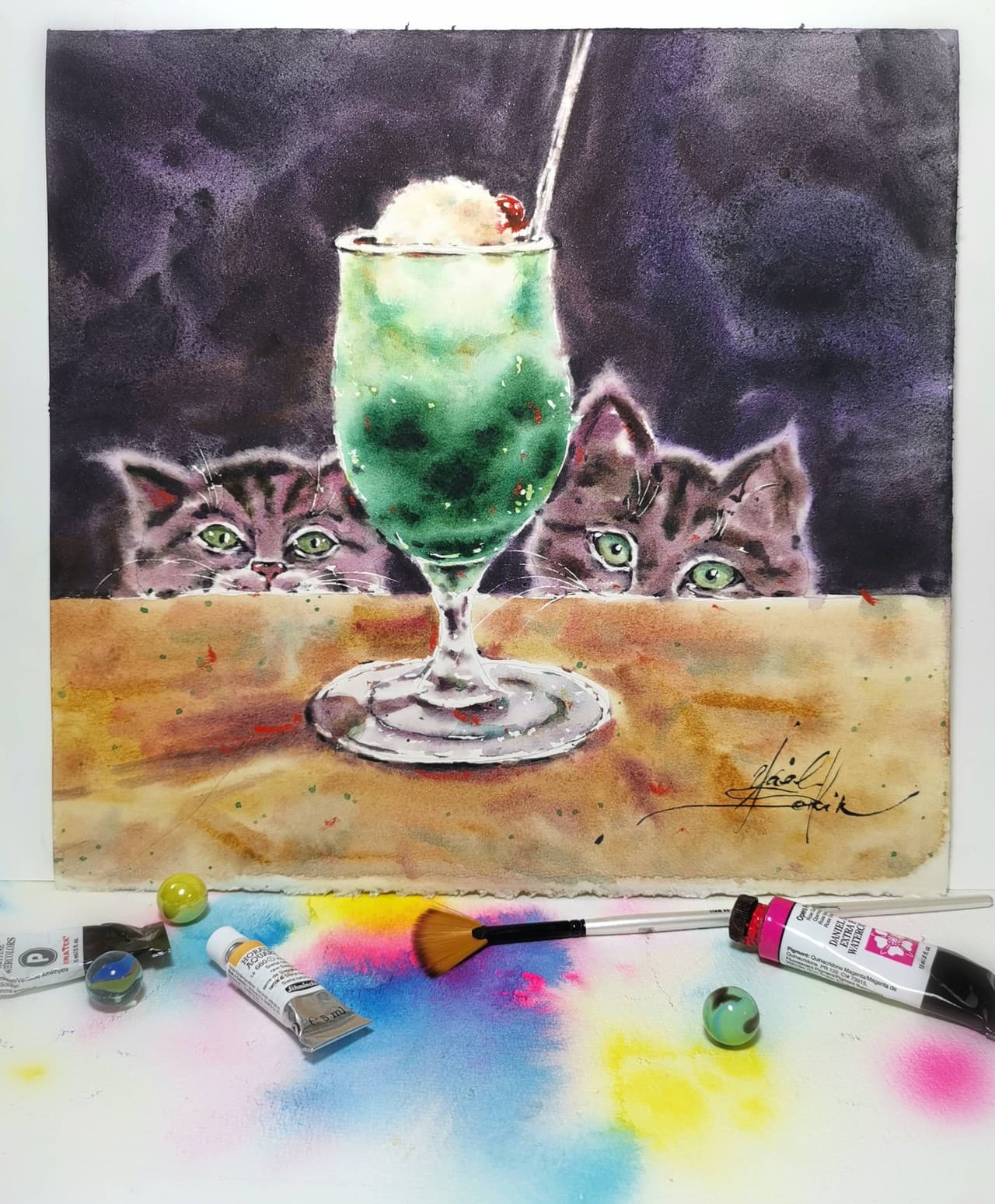 Original Watercolor Cats and Emerald Cocktail Painting - Cute Kittens Wall Art — image 3