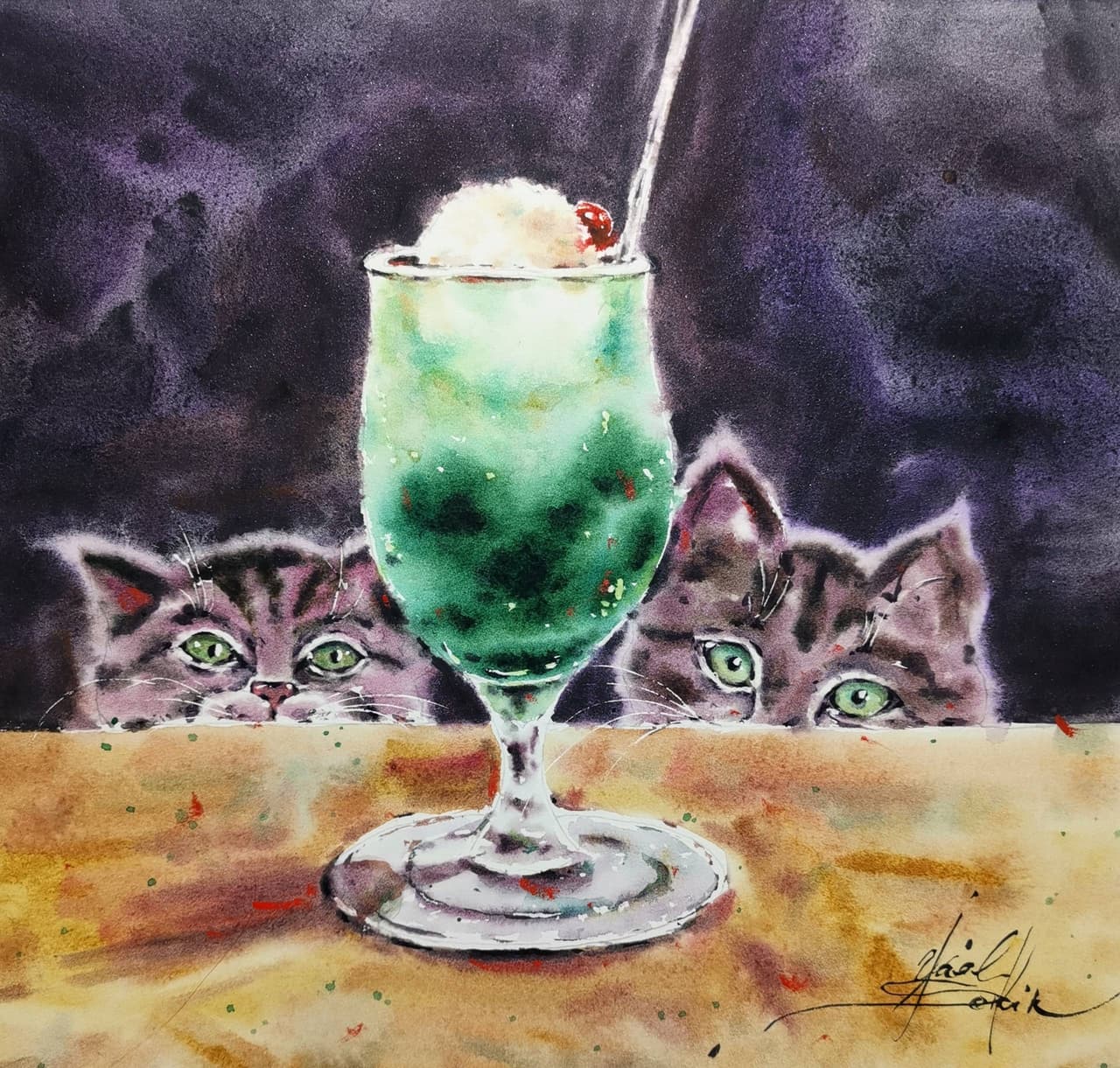 original watercolor painting by Yael Natali features two adorable, curious cats watching an emerald cocktail topped with a scoop of ice cream and a cherry