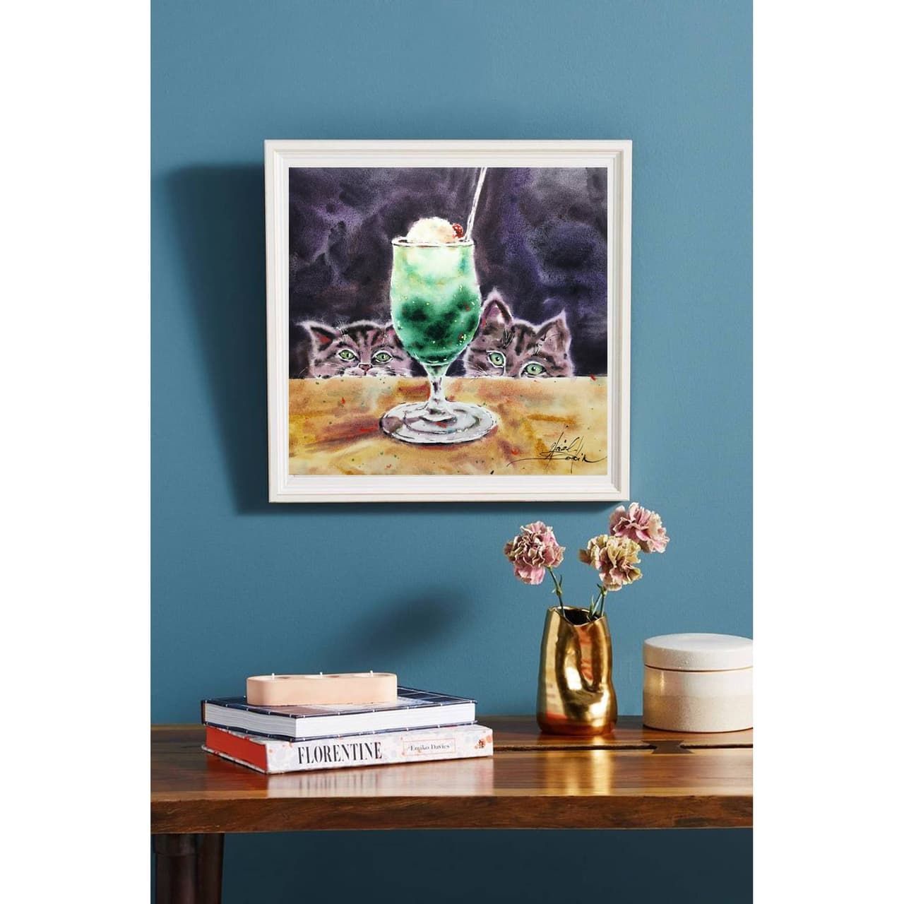 Original Watercolor Cats and Emerald Cocktail Painting - Cute Kittens Wall Art — image 1