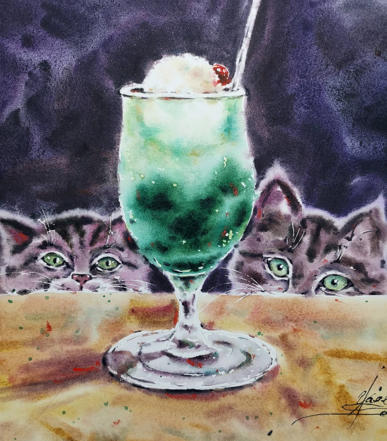 Original Watercolor Cats and Emerald Cocktail Painting - Cute Kittens Wall Art — image 2