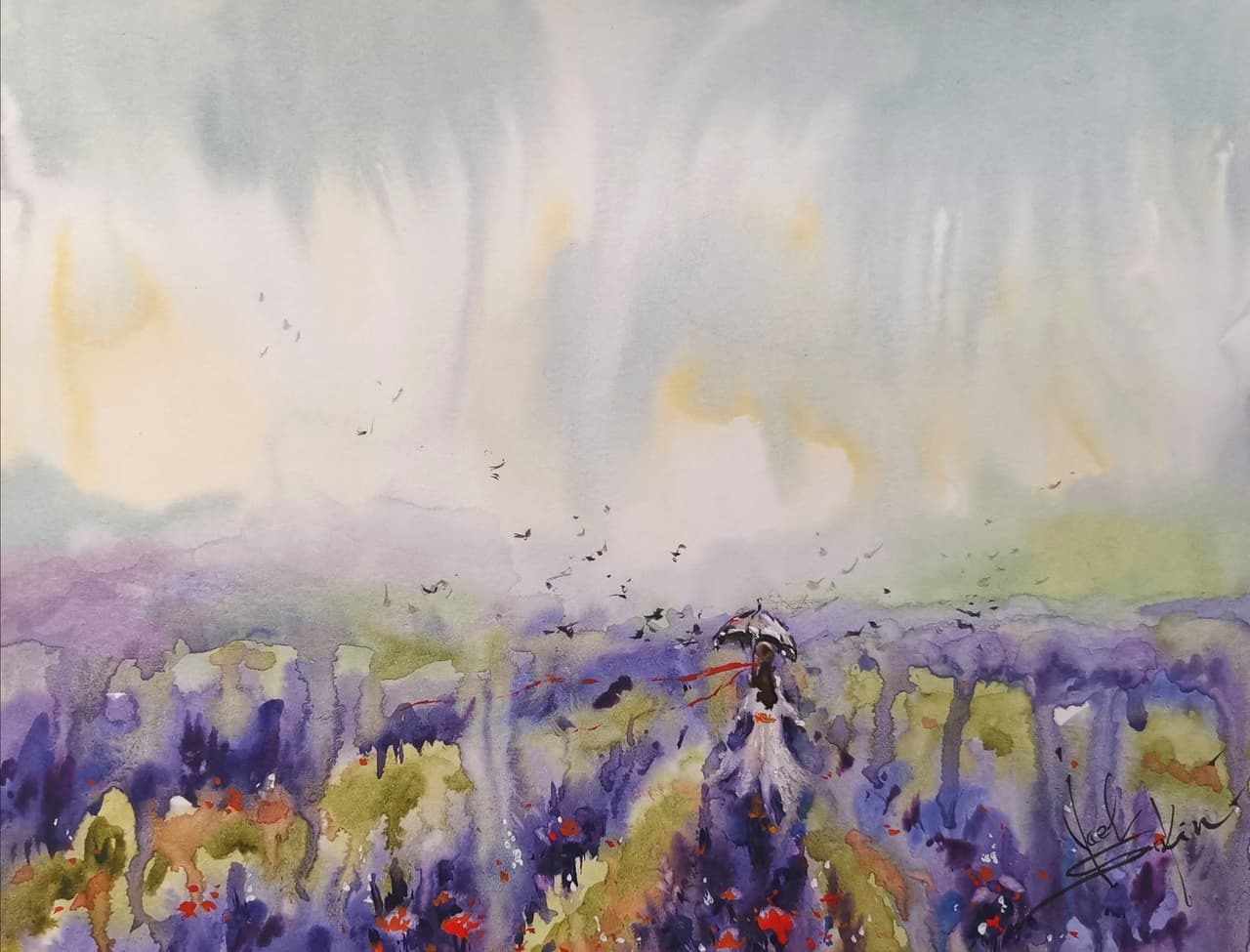 Lavender Painting Original Watercolor Tuscany Landscape  — image 1