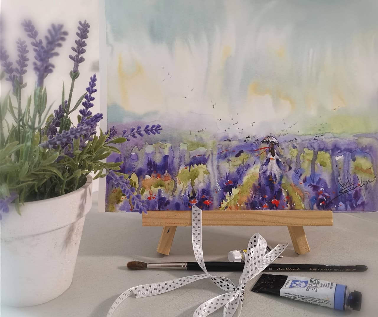 Lavender Painting Original Watercolor Tuscany Landscape  — image 2