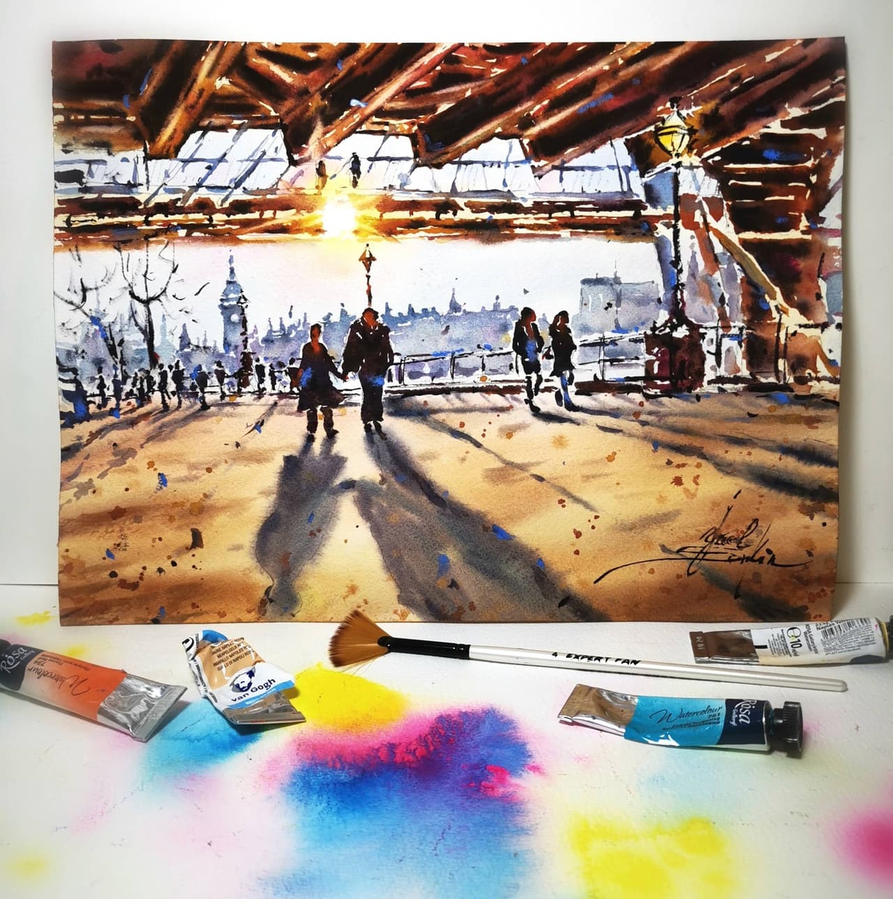 Original London Watercolor Painting - Sunset Cityscape Wall Art — image 1