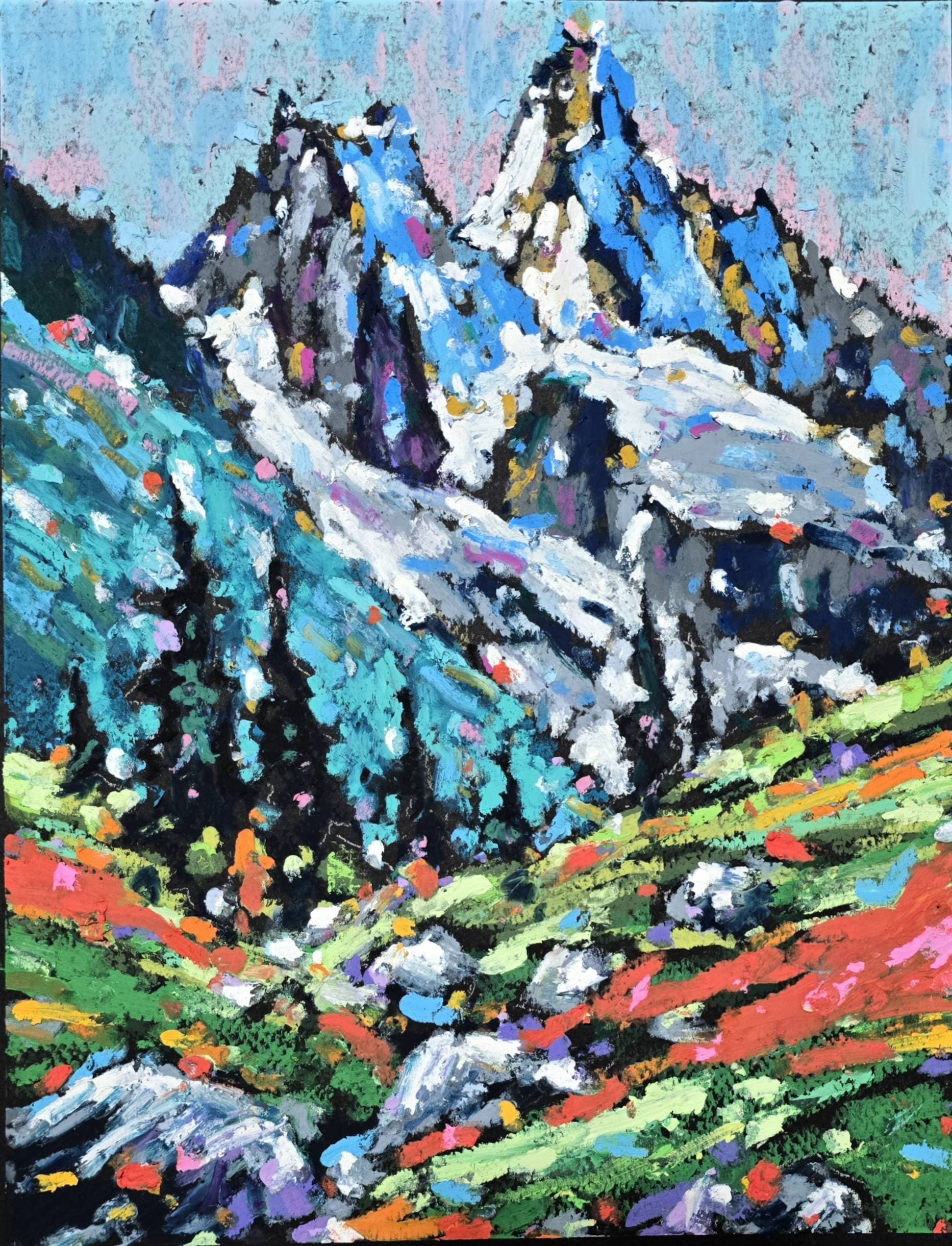 Original oil pastel painting by Yael Natali - colorful mountain landscape with snow peaks and vibrant meadow, impressionist alpine scenery artwork on black paper