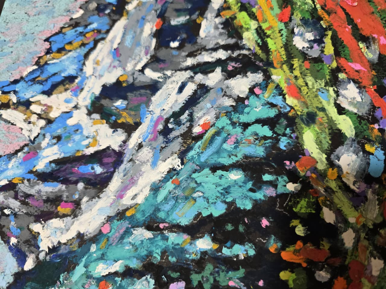 Original Oil Pastel Mountain Landscape Painting - Colorful Alpine Meadow Wall Art — image 4