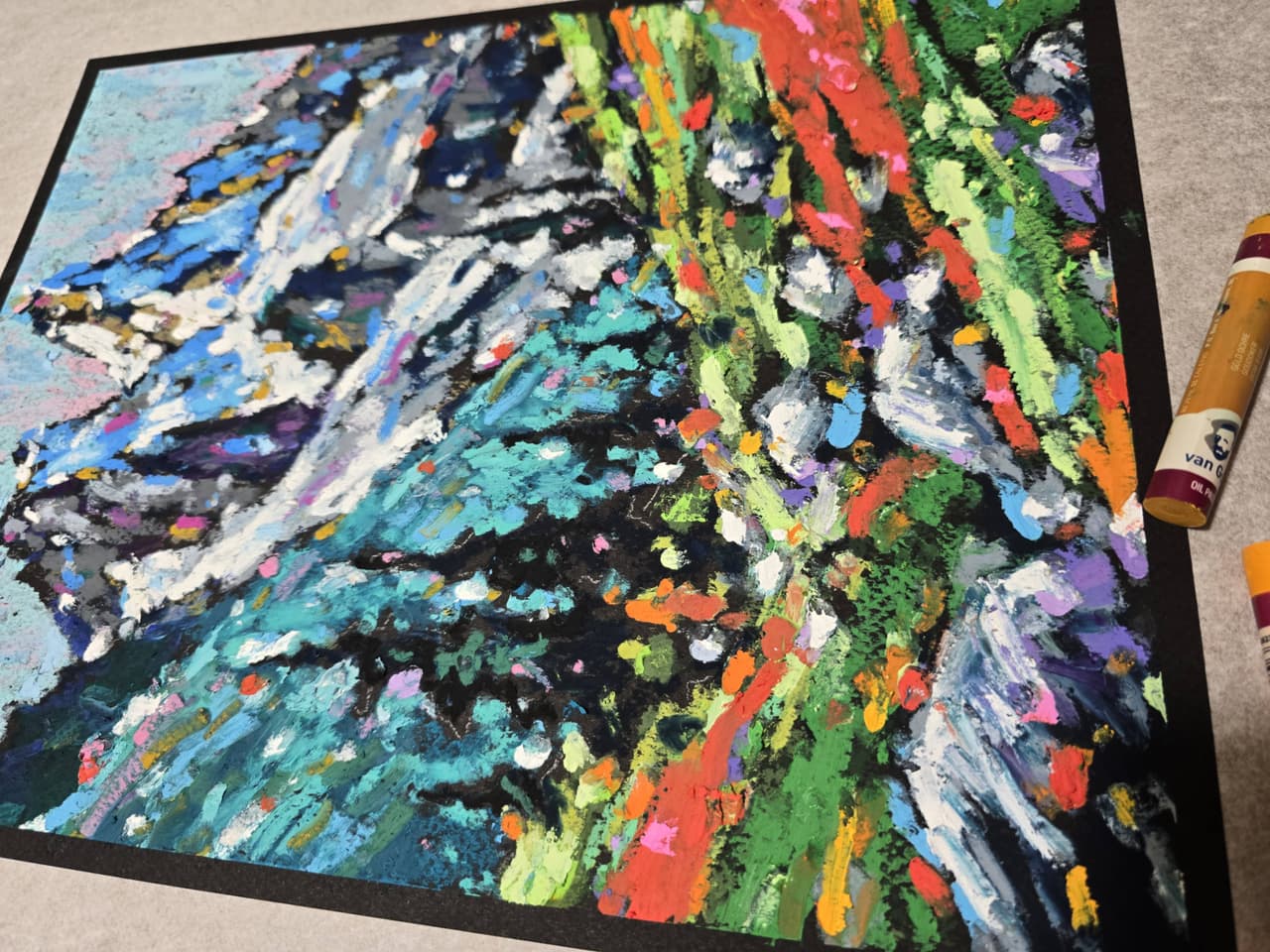 Original Oil Pastel Mountain Landscape Painting - Colorful Alpine Meadow Wall Art — image 3