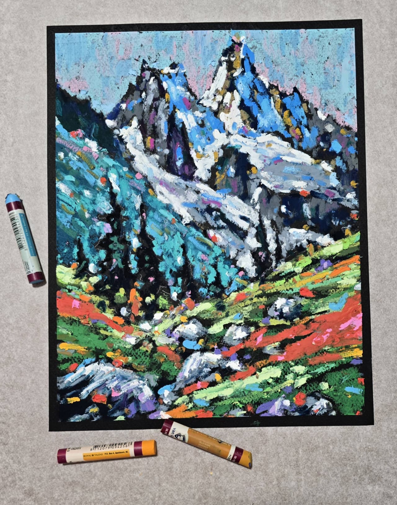 Original Oil Pastel Mountain Landscape Painting - Colorful Alpine Meadow Wall Art — image 2