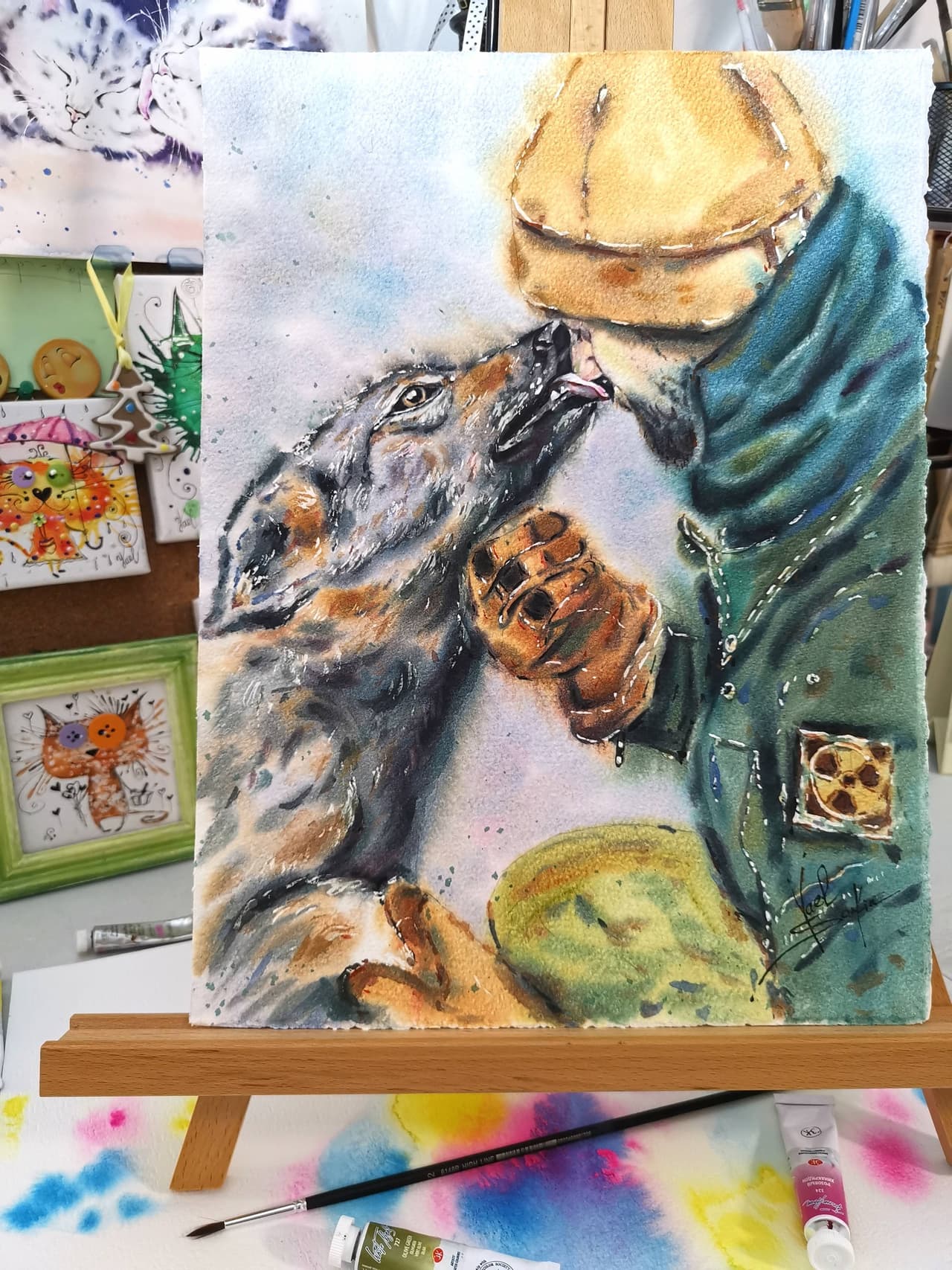 Original Watercolor Painting of Man and Dog -  Friendship Wall Art — image 1