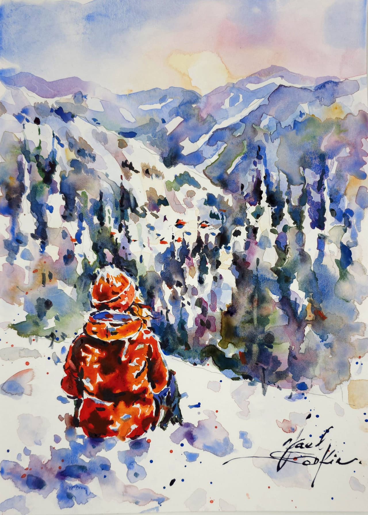 Winter landscape artwork Original watercolor painting — image 1