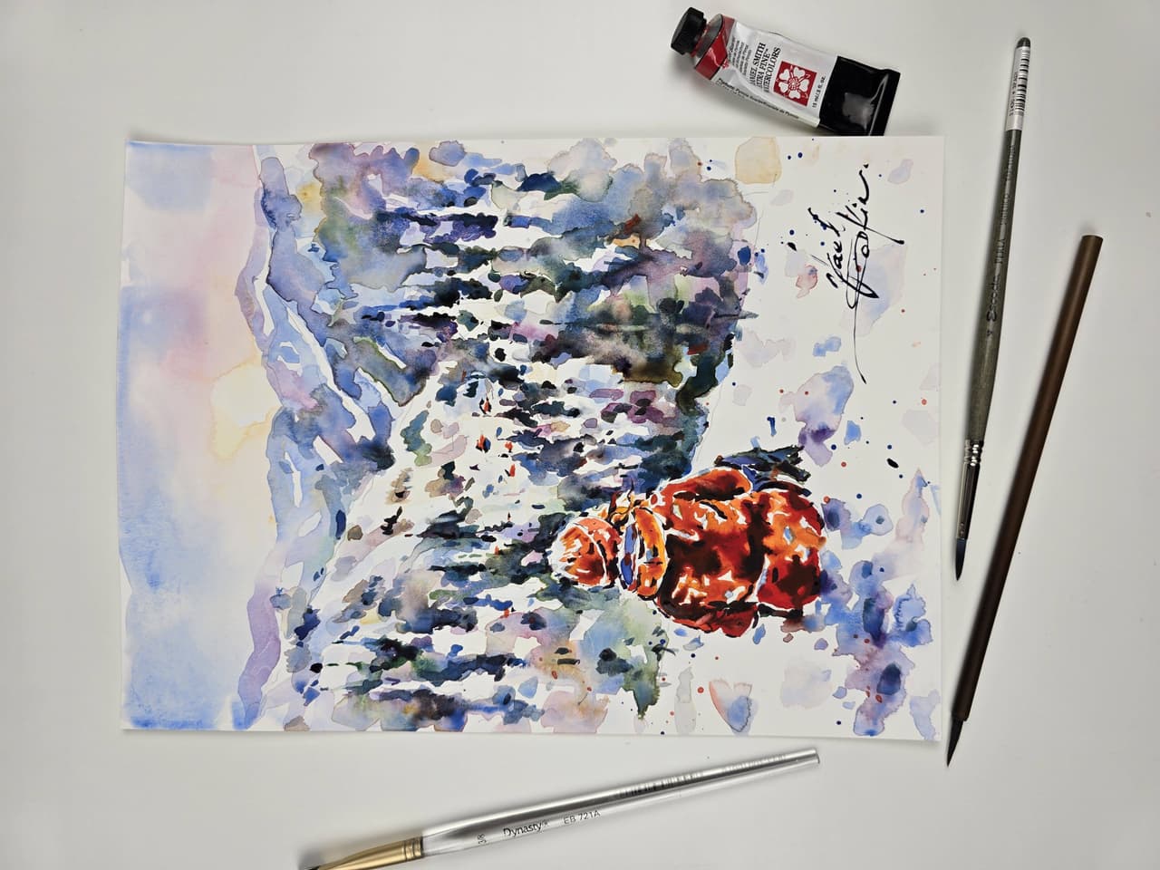 Winter landscape artwork Original watercolor painting — image 3