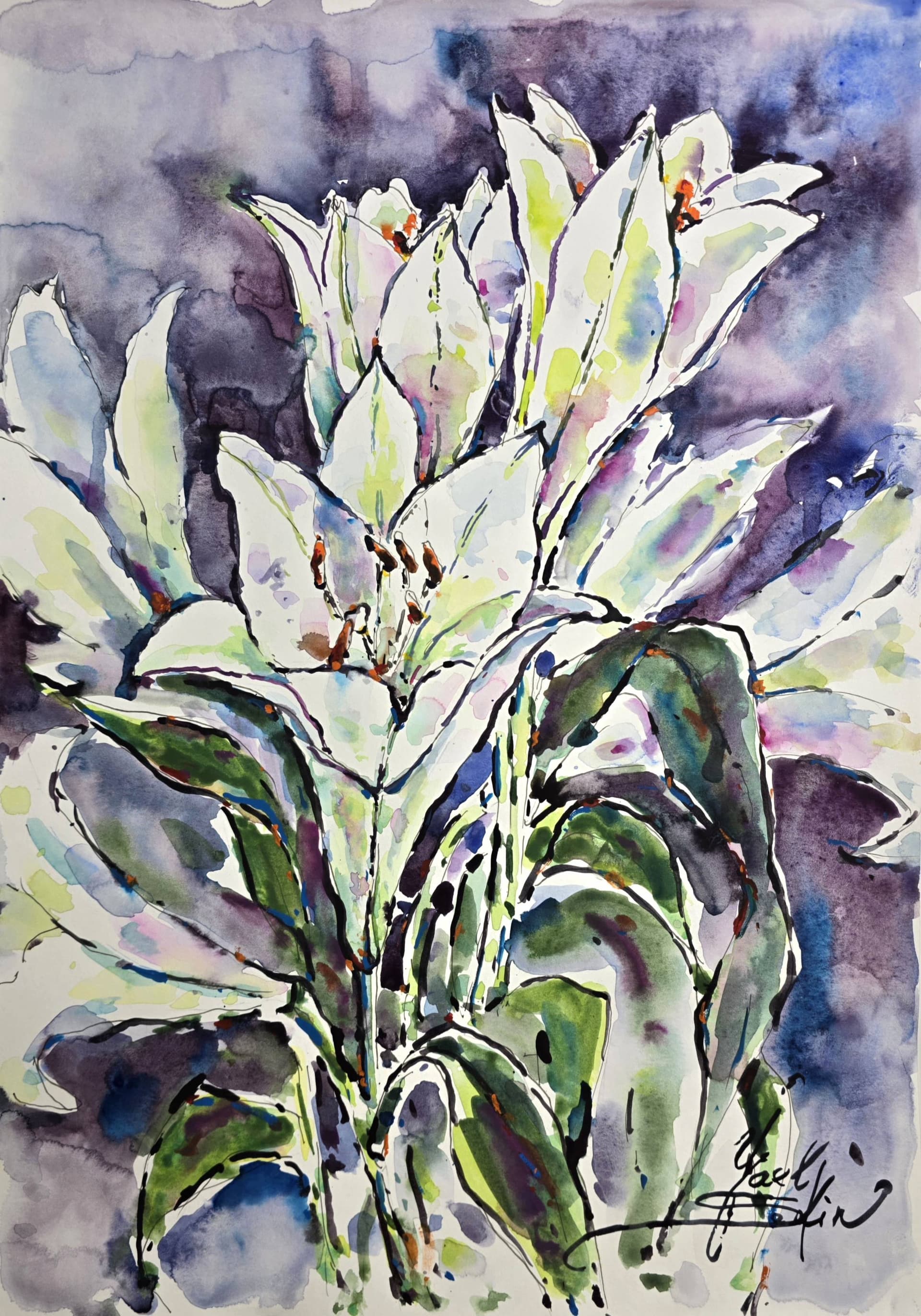 original watercolor painting of white lilies with expressive brushwork and soft purple background, floral botanical artwork on paper, signed by the artist Yael Natali