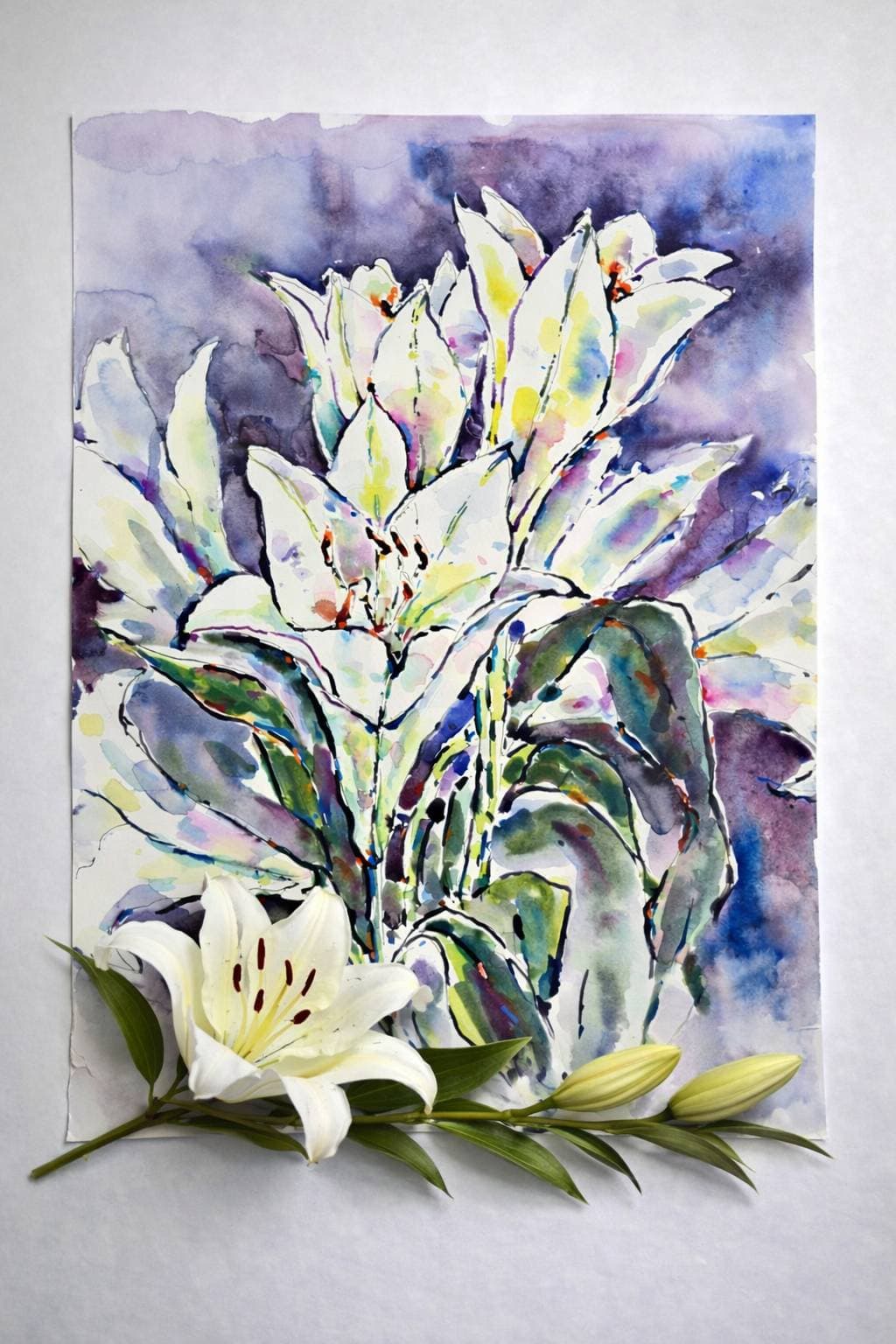 Original Watercolor White Lilies Painting - Floral Wall Art — image 4