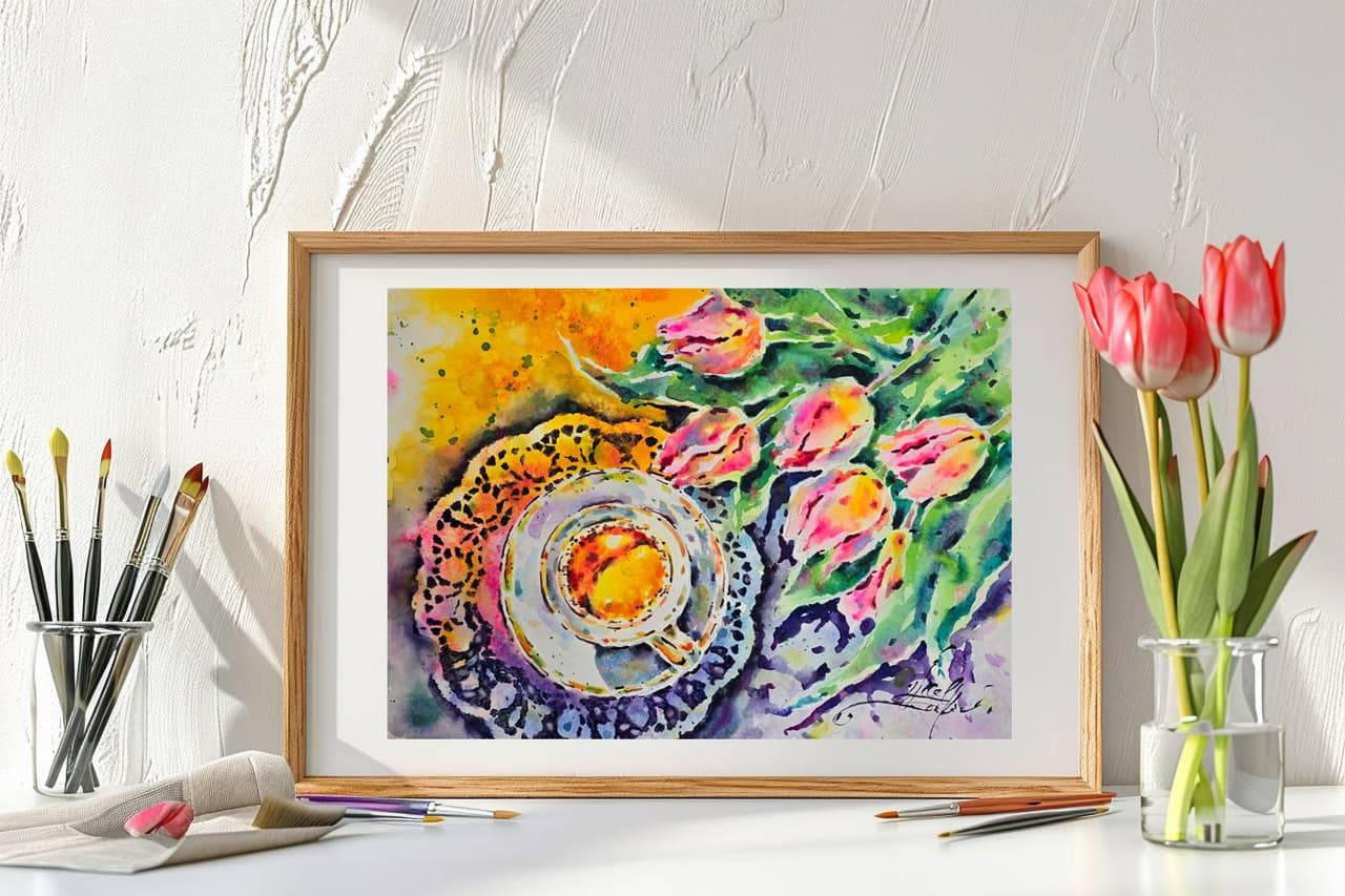 Original Watercolor Painting with Coffe and Tulips - Still Life Wall Art — image 3