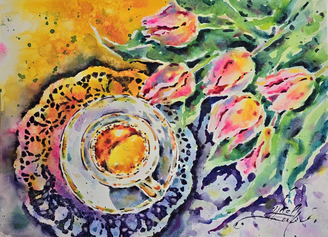 Original Watercolor Painting with Coffe and Tulips - Still Life Wall Art — image 1