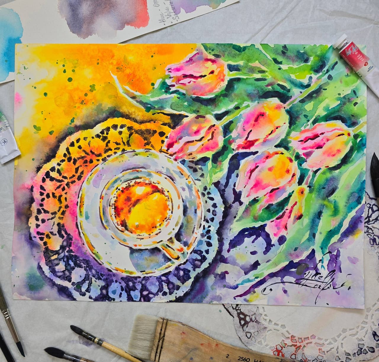 Original Watercolor Painting with Coffe and Tulips - Still Life Wall Art — image 2