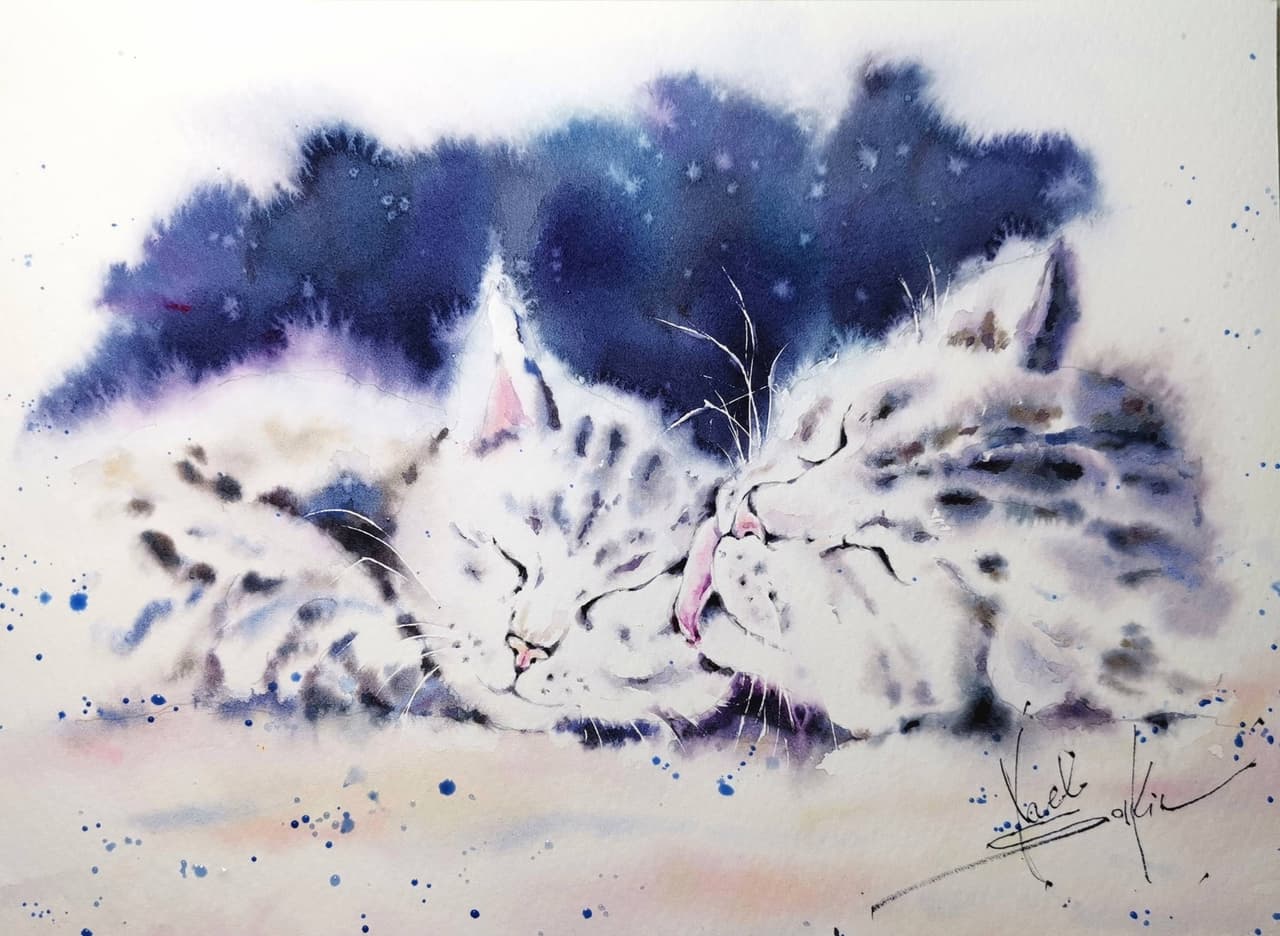 White Kitten Painting Original Watercolor Mothers Day  — image 1