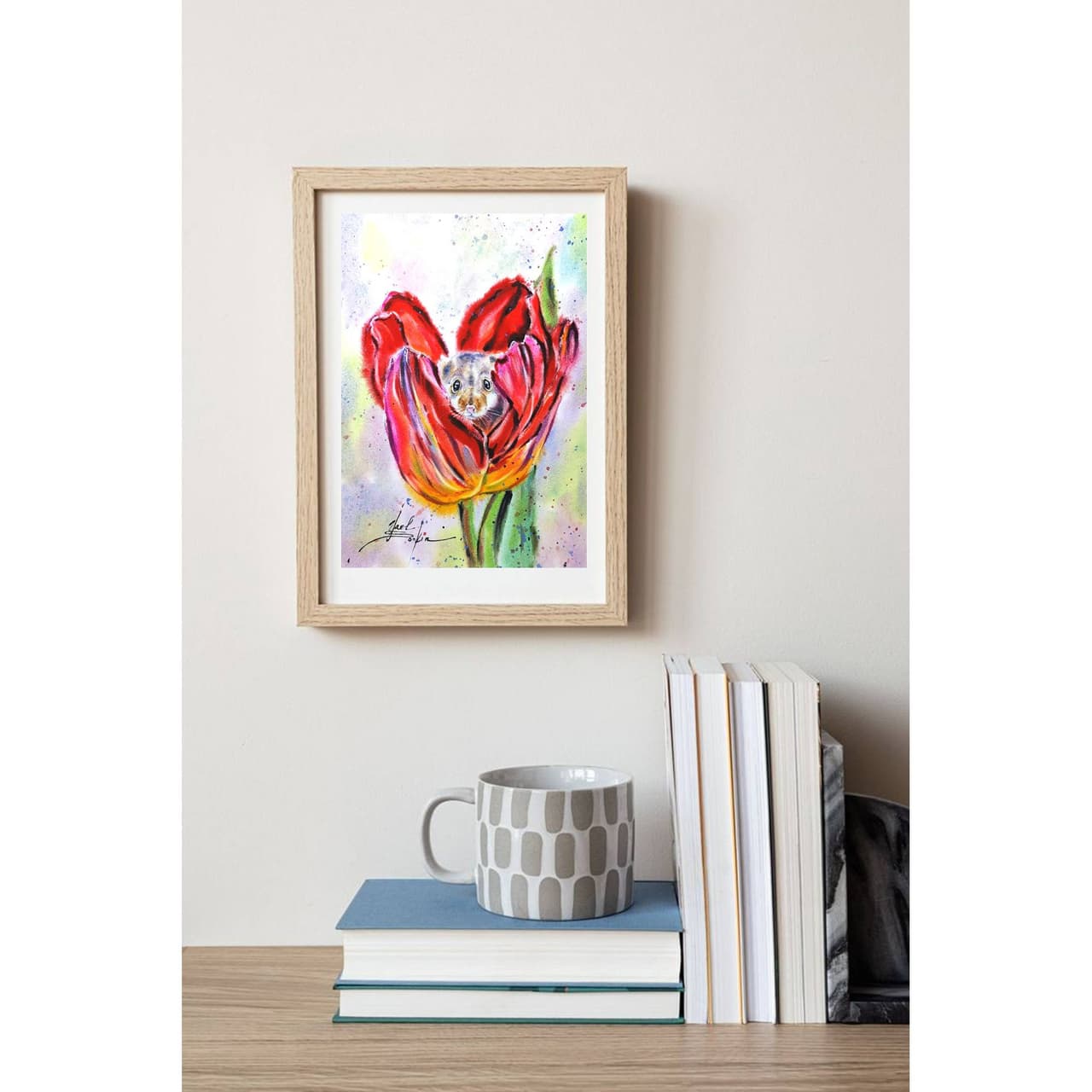 Mouse Painting Original Watercolor Tulip Flower Artwork  — image 2