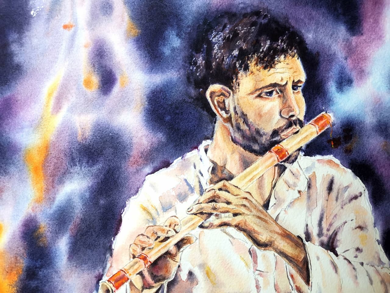 Original Watercolor Flutist Painting - Musician Plaing Flute Wall Art — image 2