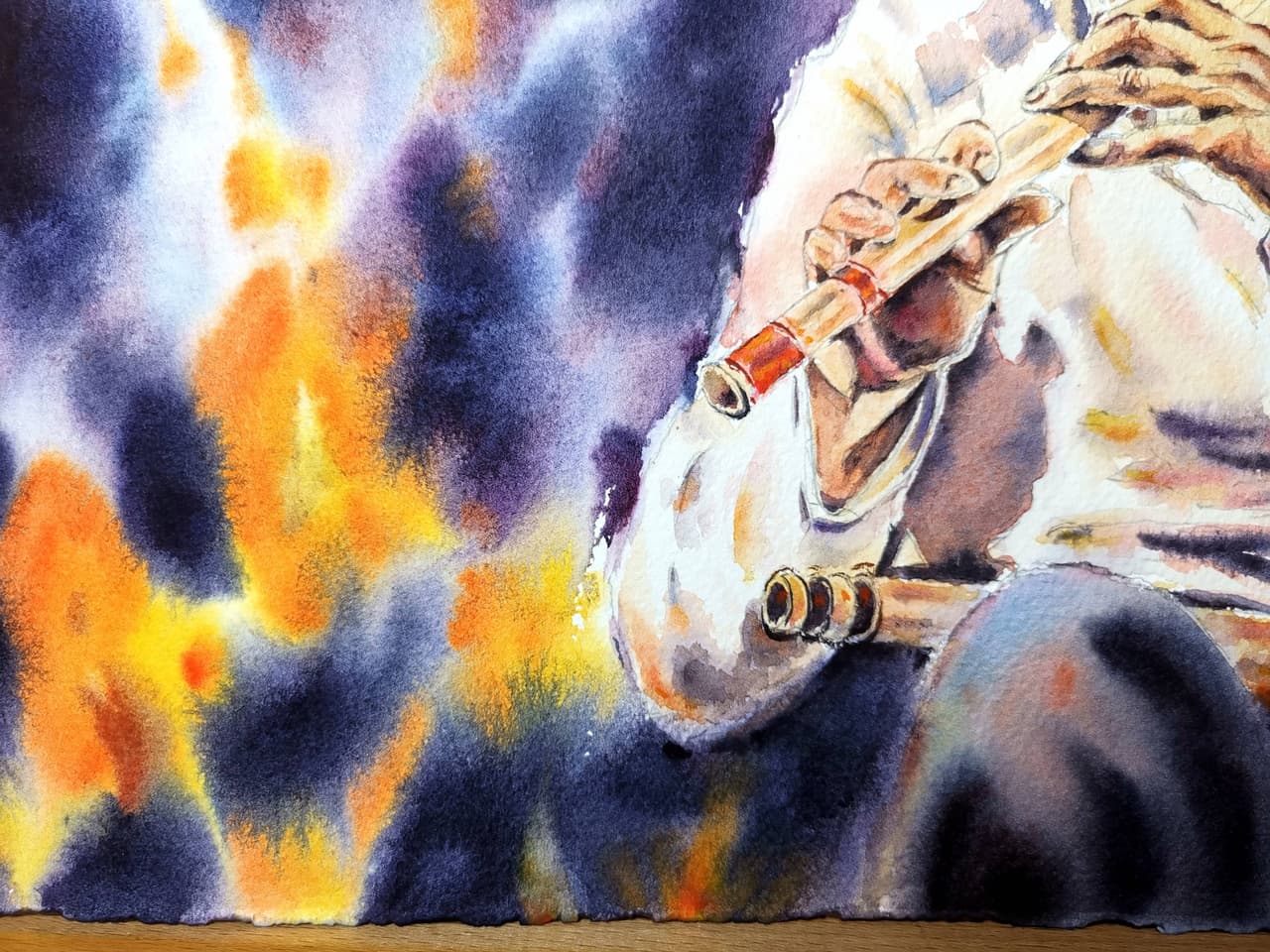 Original Watercolor Flutist Painting - Musician Plaing Flute Wall Art — image 3