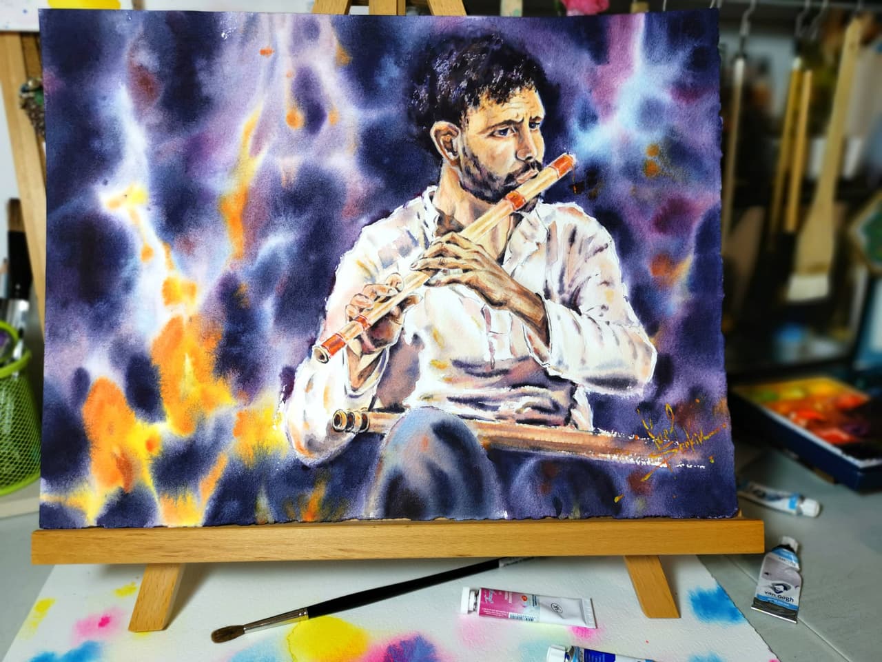 Original Watercolor Flutist Painting - Musician Plaing Flute Wall Art — image 1