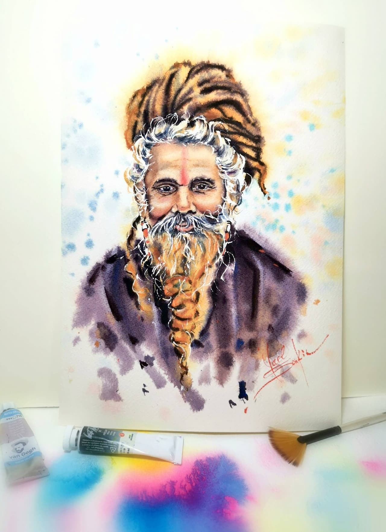 Original Watercolor Ethnic Indian Sadhu Portrait Painitng - Spiritual Indian Art — image 1
