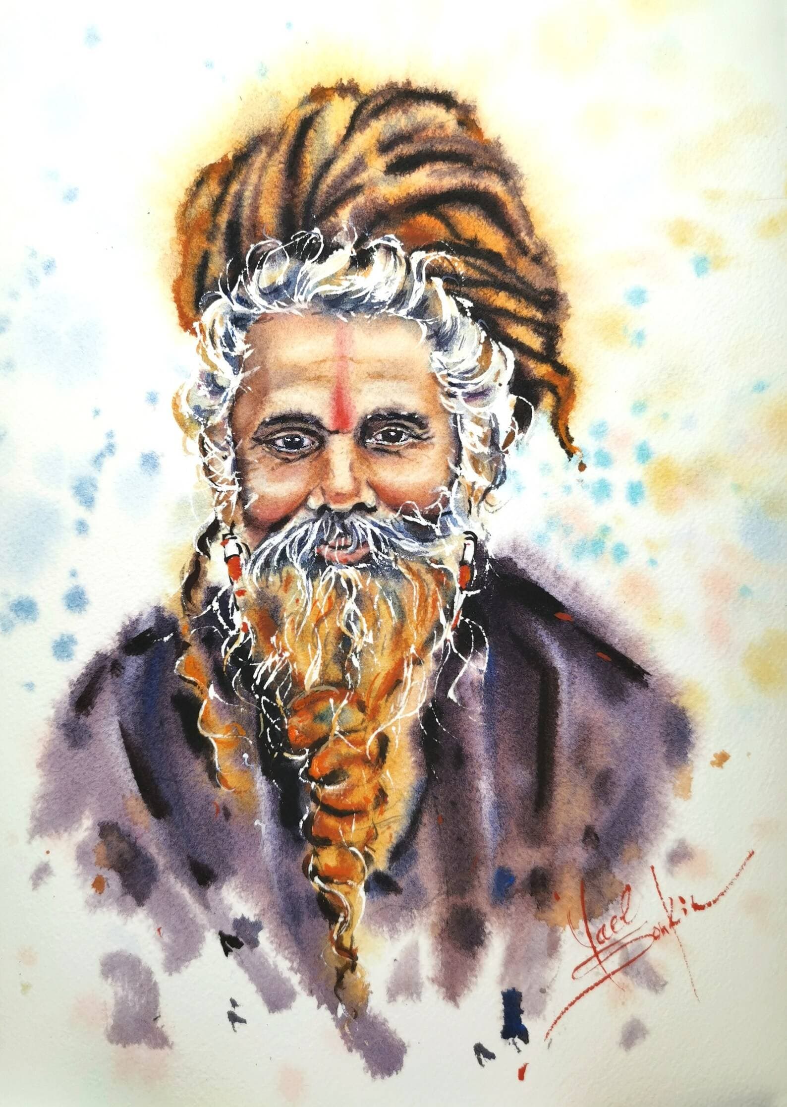 original watercolor painting indian sadhu portrait ethnic wall art spiritual guru artwork boho home decor