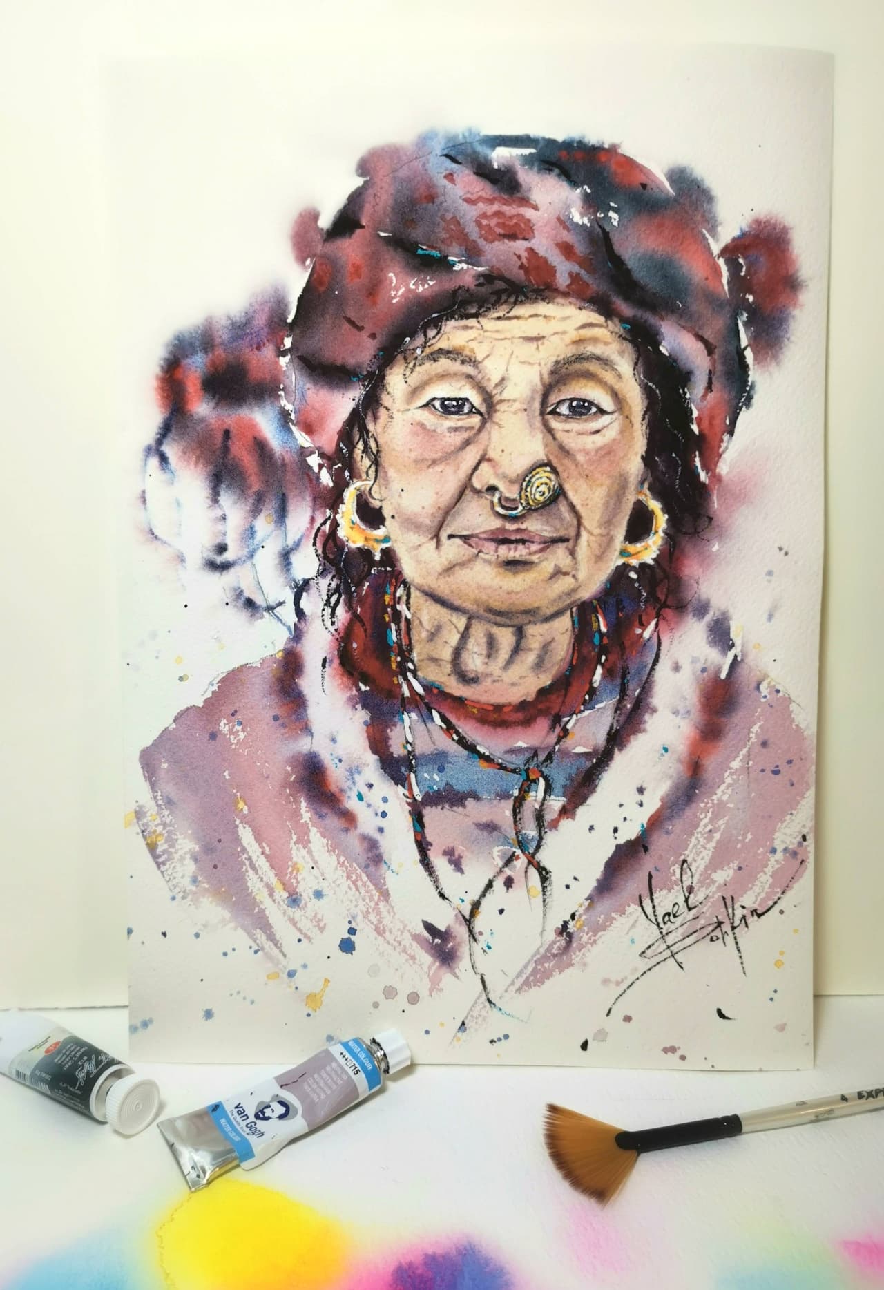 Nepalese Woman Artwork Original Watercolor Tibet Painting Old Woman Portrait Art Nepal — image 2
