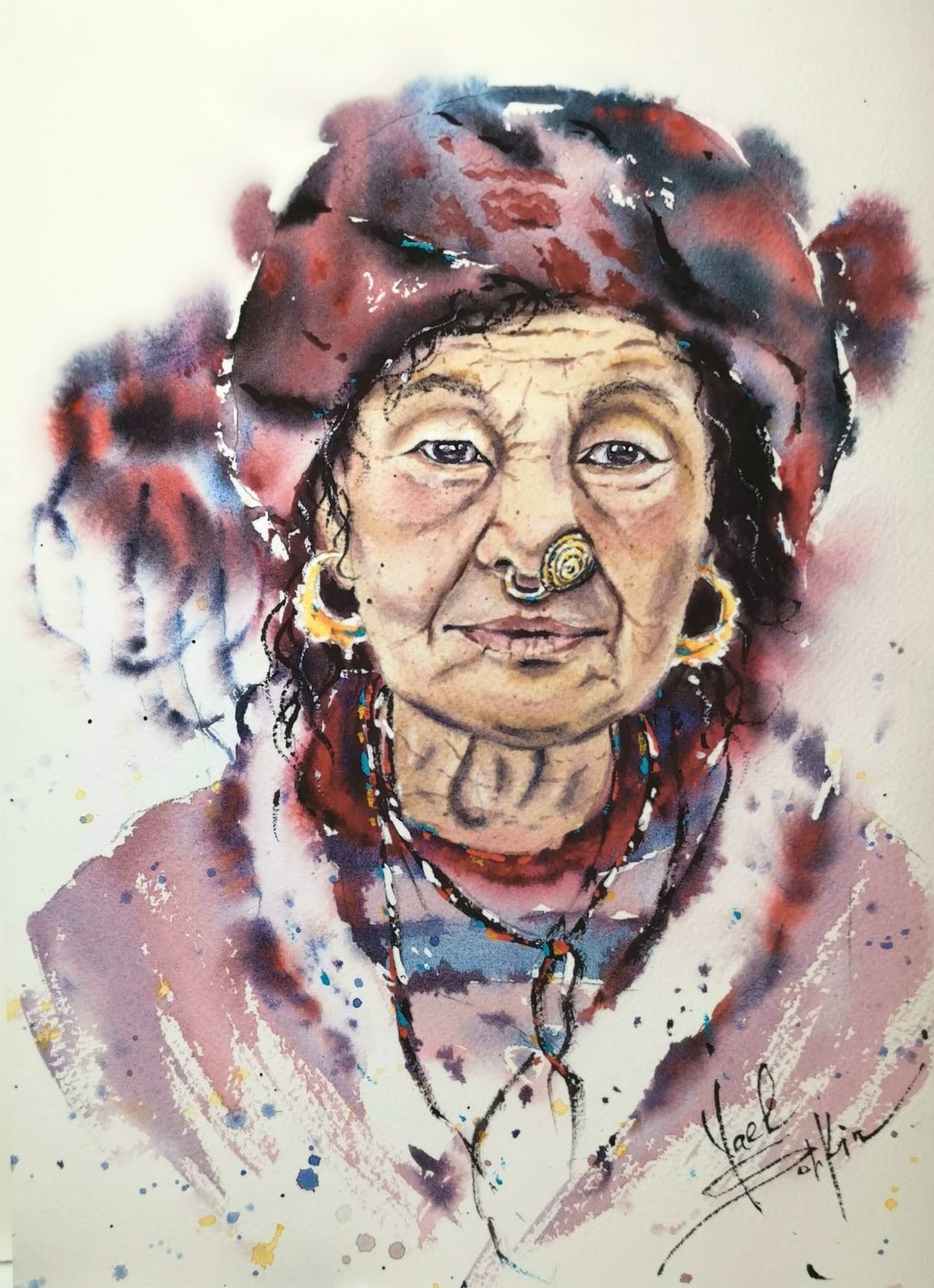 Nepalese Woman Artwork Original Watercolor Tibet Painting Old Woman Portrait Art Nepal — image 1