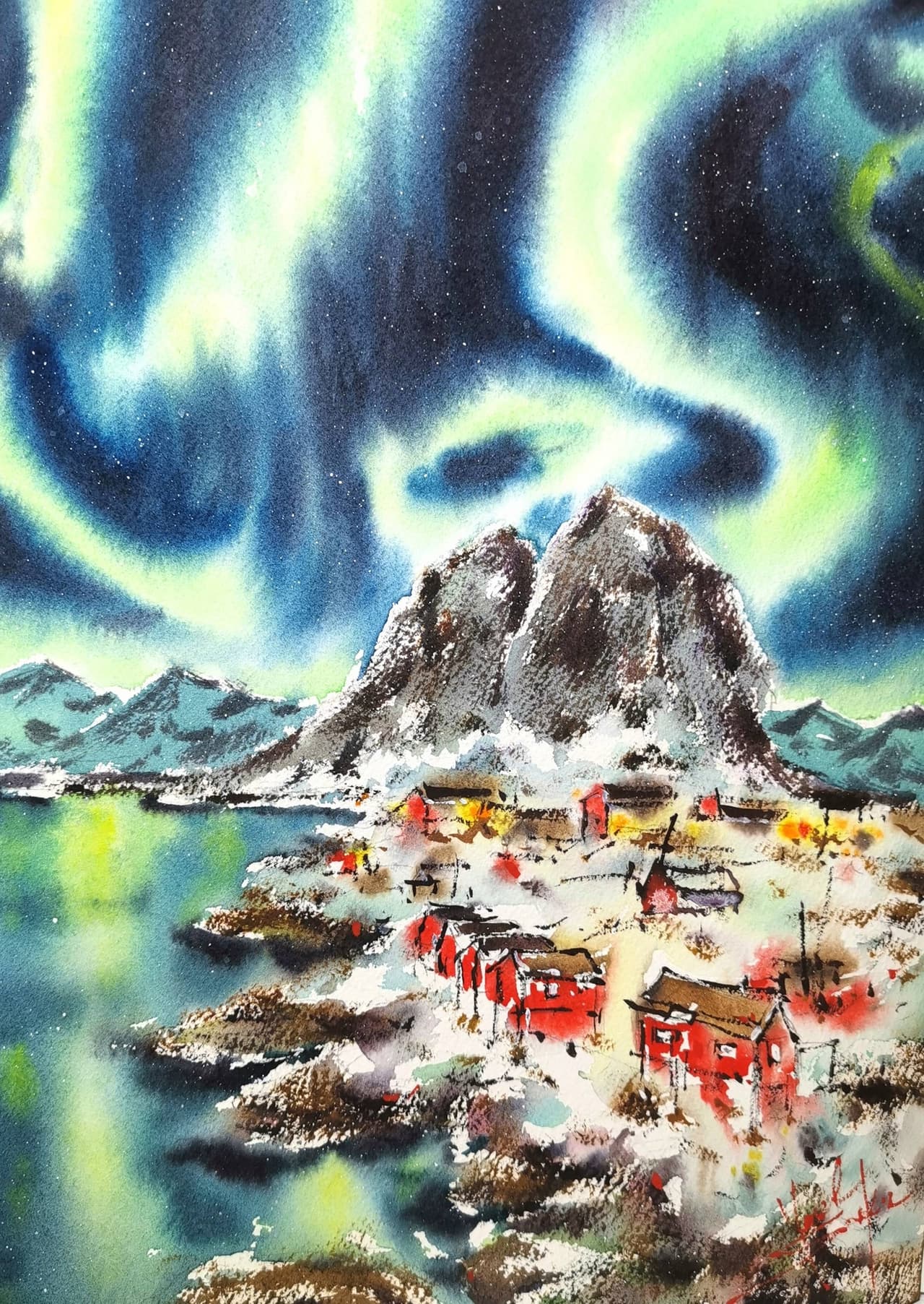 ORIGINAL Watercolor Painting NORWAY Landscape Artwork Aurora Painting  — image 1