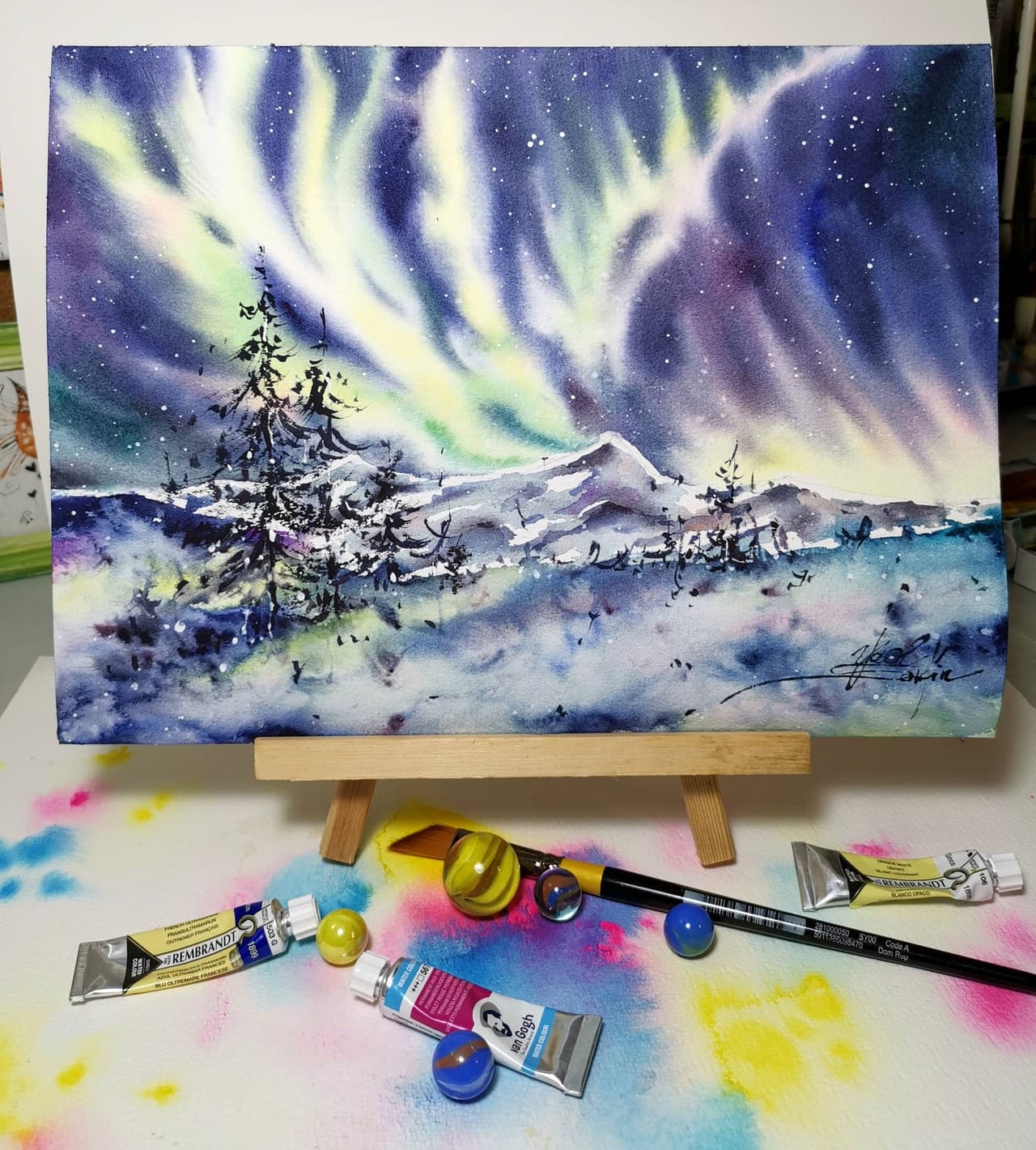 Norway painting Northern lights painting Original watercolor painting  — image 2