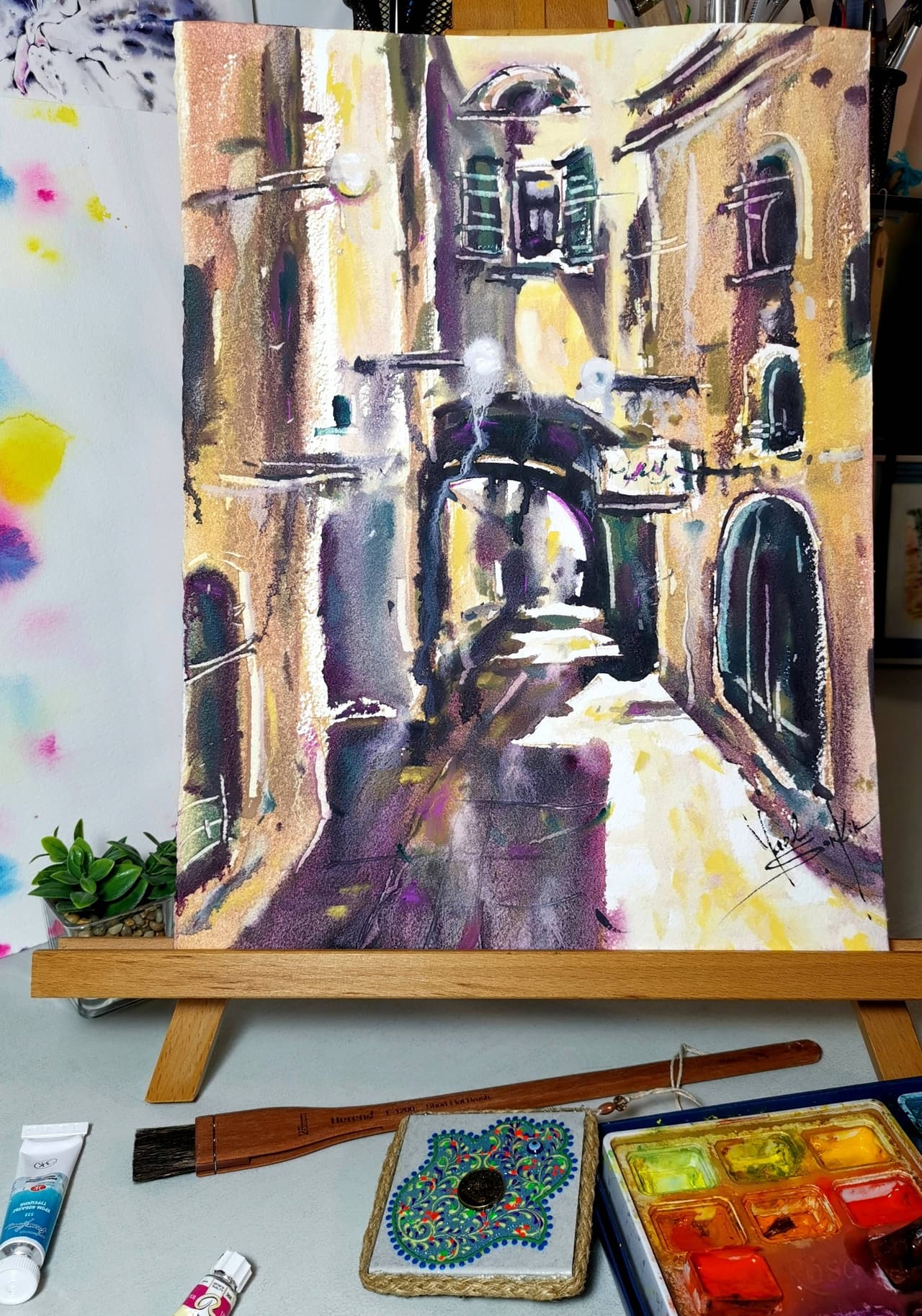 Original Watercolor Old Jaffa Arcitecture Painting  - Cityscape Wall Art — image 1
