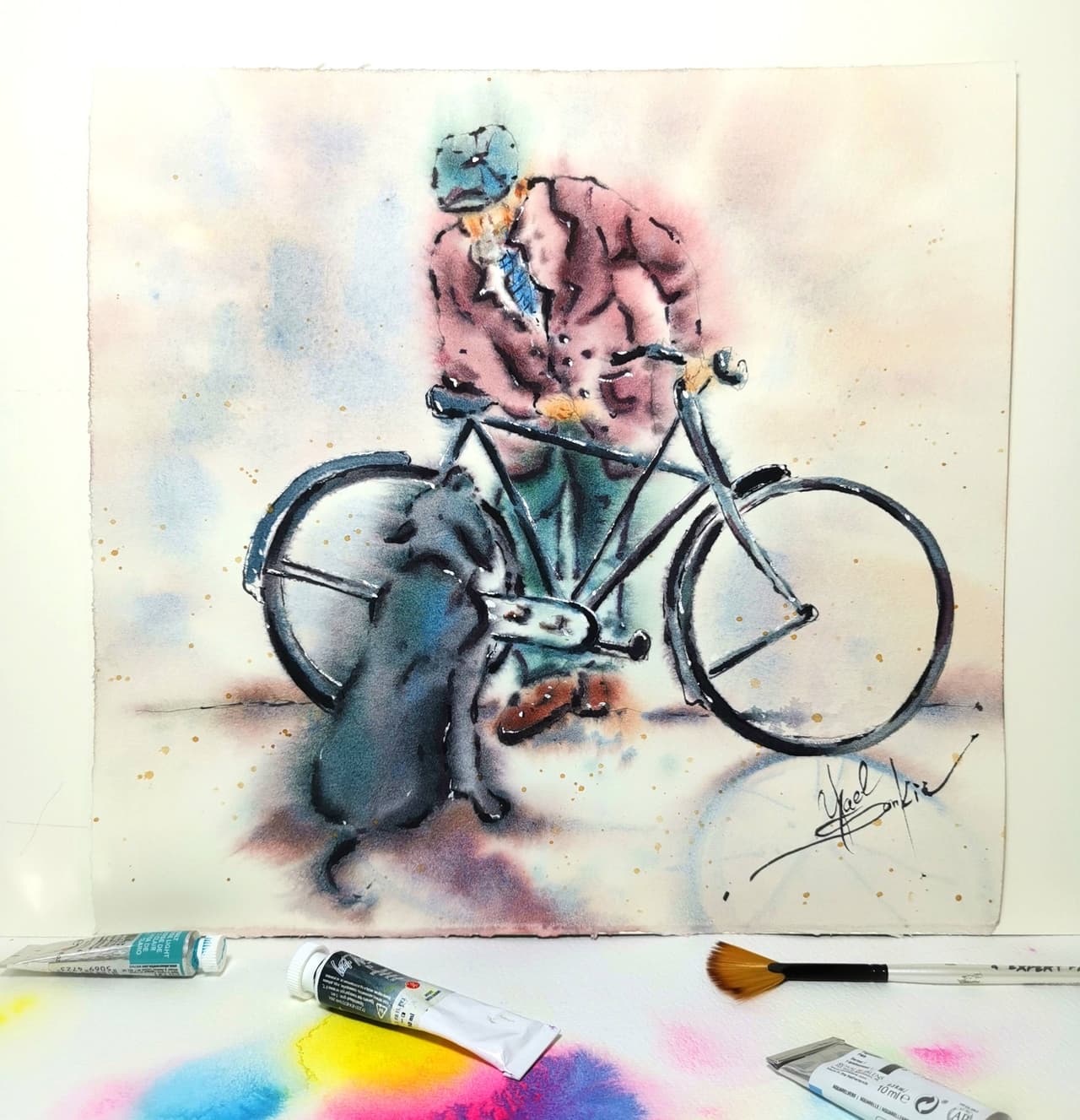 Man with Bicycle and Dog - Original Watercolor Painting — image 1
