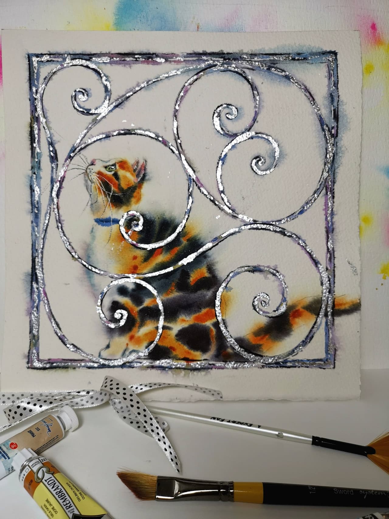 Original Watercolor Calico Cat Painting  - Pet Portrait Wall Art Decor — image 1