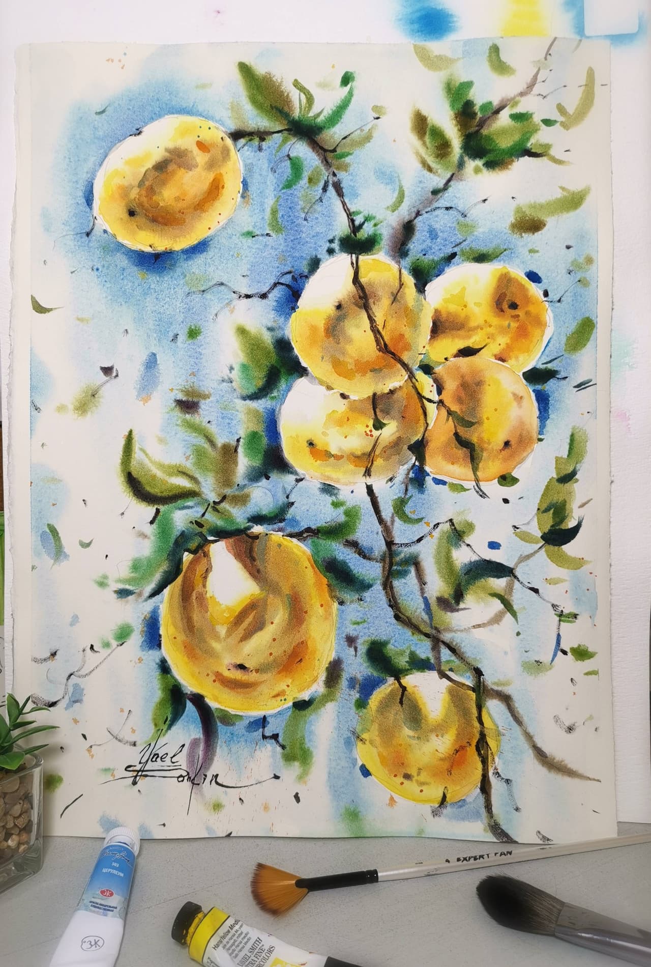 Original Watercolor Orange Tree Branch Painting - Fruit Wall Art — image 1