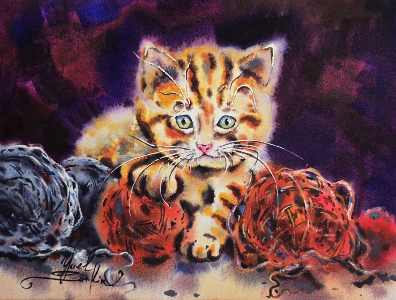 Kitten Watercolor Painting, Original Cat Wall Art with Yarn Balls, Pet Lover Gift — image 1