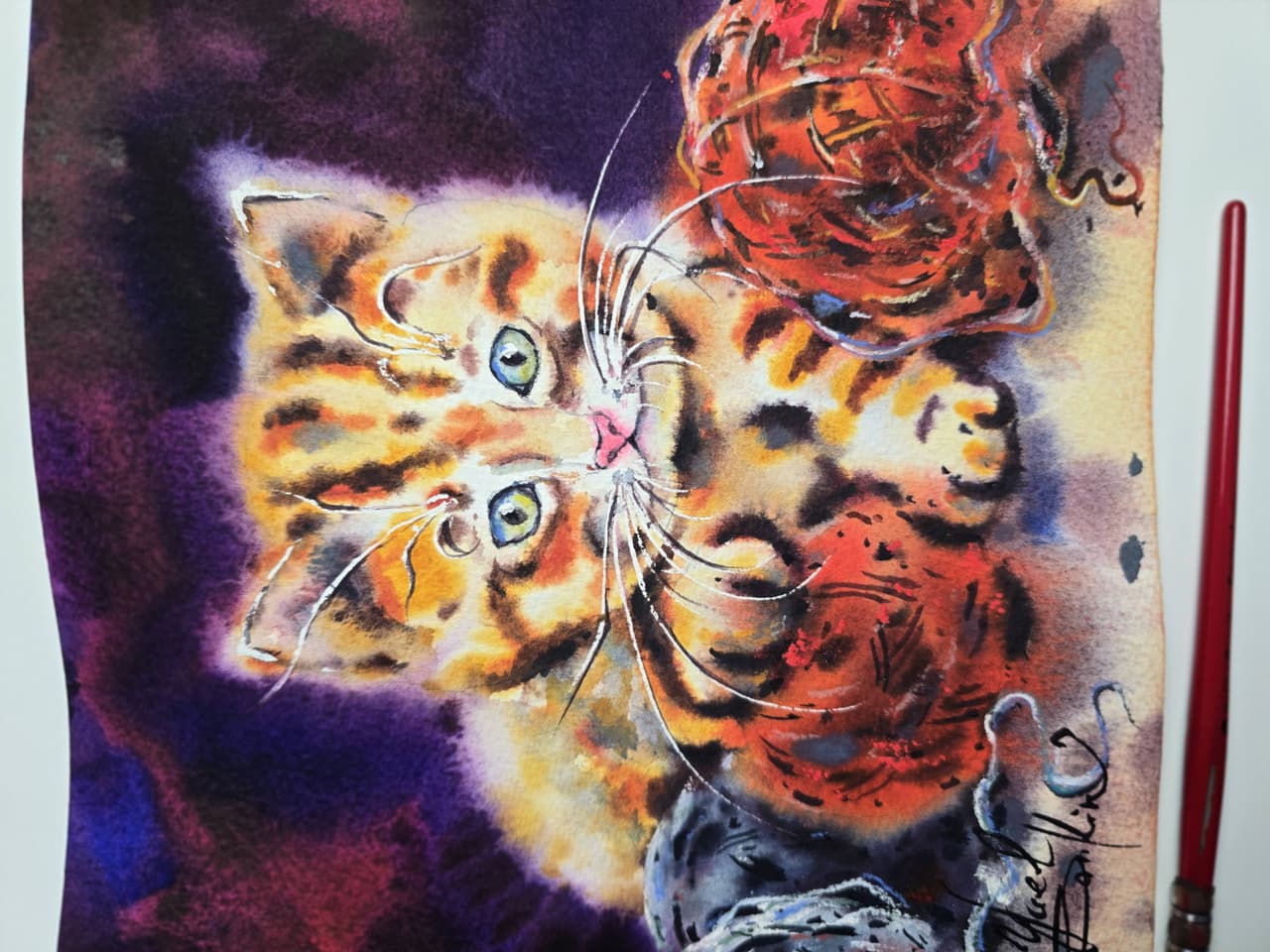 Kitten Watercolor Painting, Original Cat Wall Art with Yarn Balls, Pet Lover Gift — image 3
